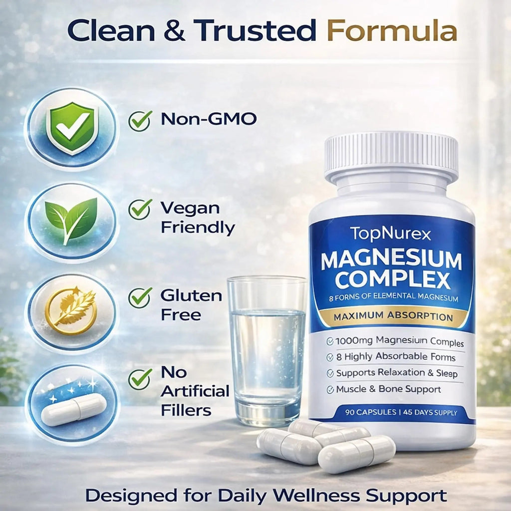 Top Nurex Magnesium Complex Supplement for Women & Men | 1000mg Maximum Absorption | 8 Magnesium Forms Including Glycinate, Citrate, Malate | Supports Relaxation, Sleep, Bone Strength | 90 Capsules - TrustMedUSA