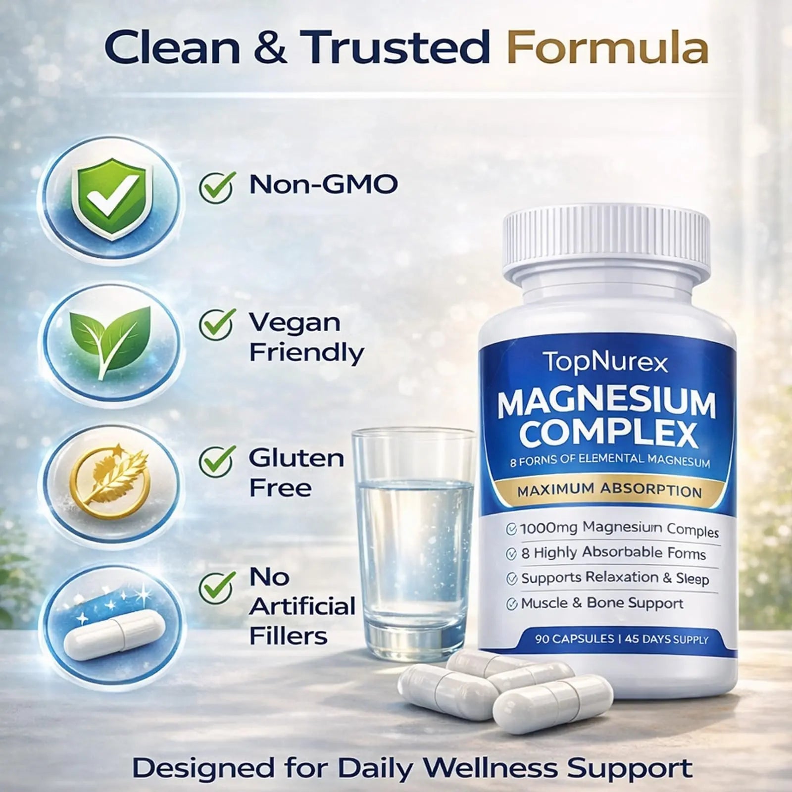 Top Nurex Magnesium Complex Supplement for Women & Men | 1000mg Maximum Absorption | 8 Magnesium Forms Including Glycinate, Citrate, Malate | Supports Relaxation, Sleep, Bone Strength | 90 Capsules - TrustMedUSA