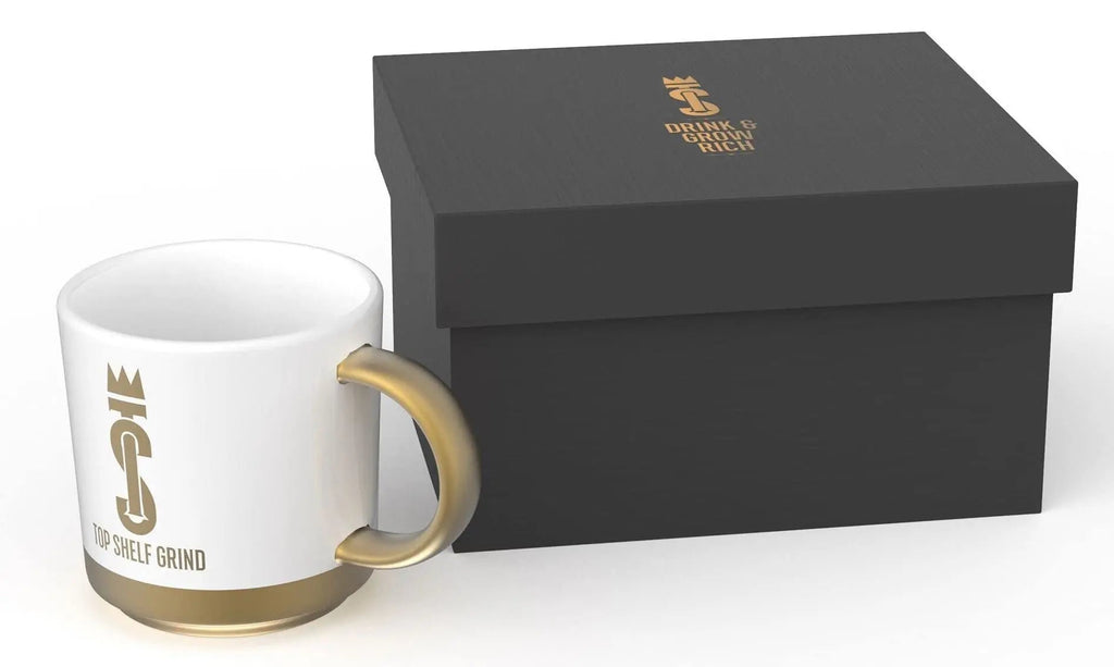 Top Shelf Grind Coffee Mug - The Prosperity Cup (Drink & Grow Rich) - White & Gold - TrustMedUSA