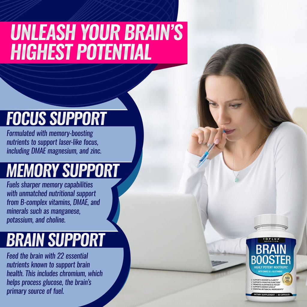 Toplux Brain Supplement Nootropic – Brain Pills Vitamin with DMAE, Bacopa Monnieri, L-Gutamine, for Men Women, 60 Capsules, Nutrition - TrustMedUSA