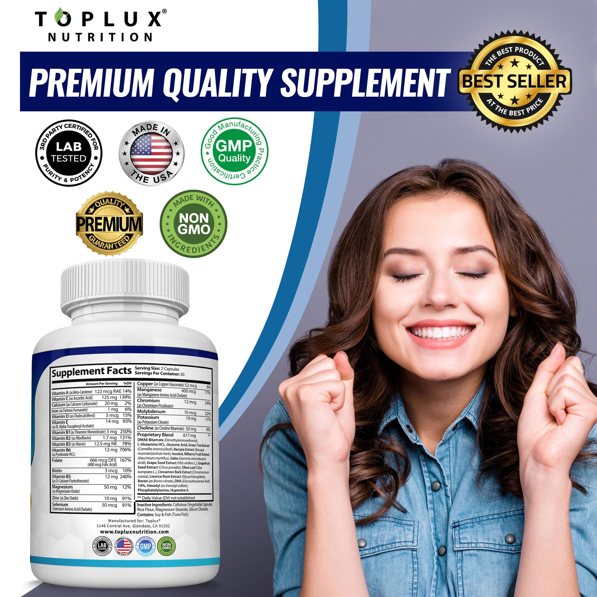 Toplux Brain Supplement Nootropic – Brain Pills Vitamin with DMAE, Bacopa Monnieri, L-Gutamine, for Men Women, 60 Capsules, Nutrition - TrustMedUSA