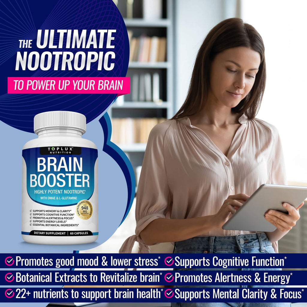 Toplux Brain Supplement Nootropic – Brain Pills Vitamin with DMAE, Bacopa Monnieri, L-Gutamine, for Men Women, 60 Capsules, Nutrition - TrustMedUSA