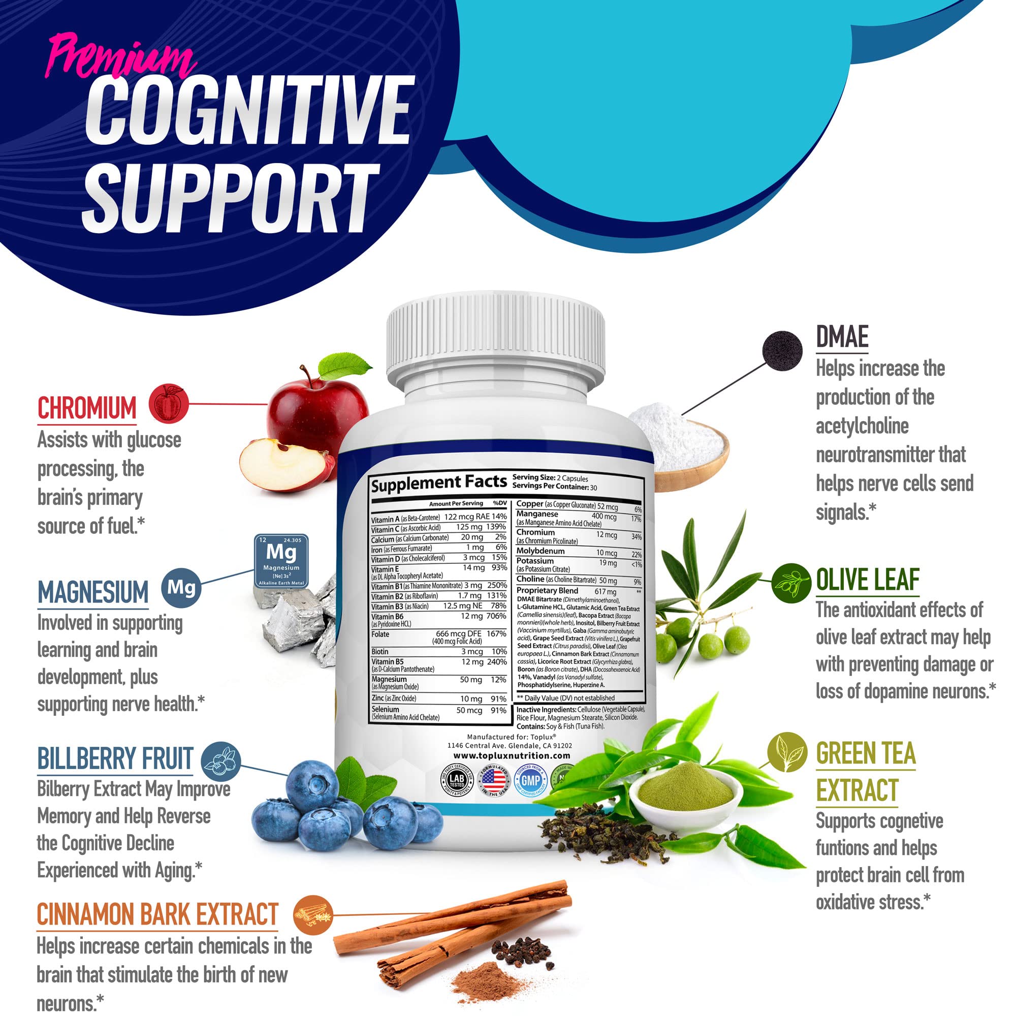 Toplux Brain Supplement Nootropic – Brain Pills Vitamin with DMAE, Bacopa Monnieri, L-Gutamine, for Men Women, 60 Capsules, Nutrition - TrustMedUSA