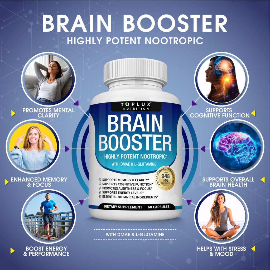 Toplux Brain Supplement Nootropic – Brain Pills Vitamin with DMAE, Bacopa Monnieri, L-Gutamine, for Men Women, 60 Capsules, Nutrition - TrustMedUSA