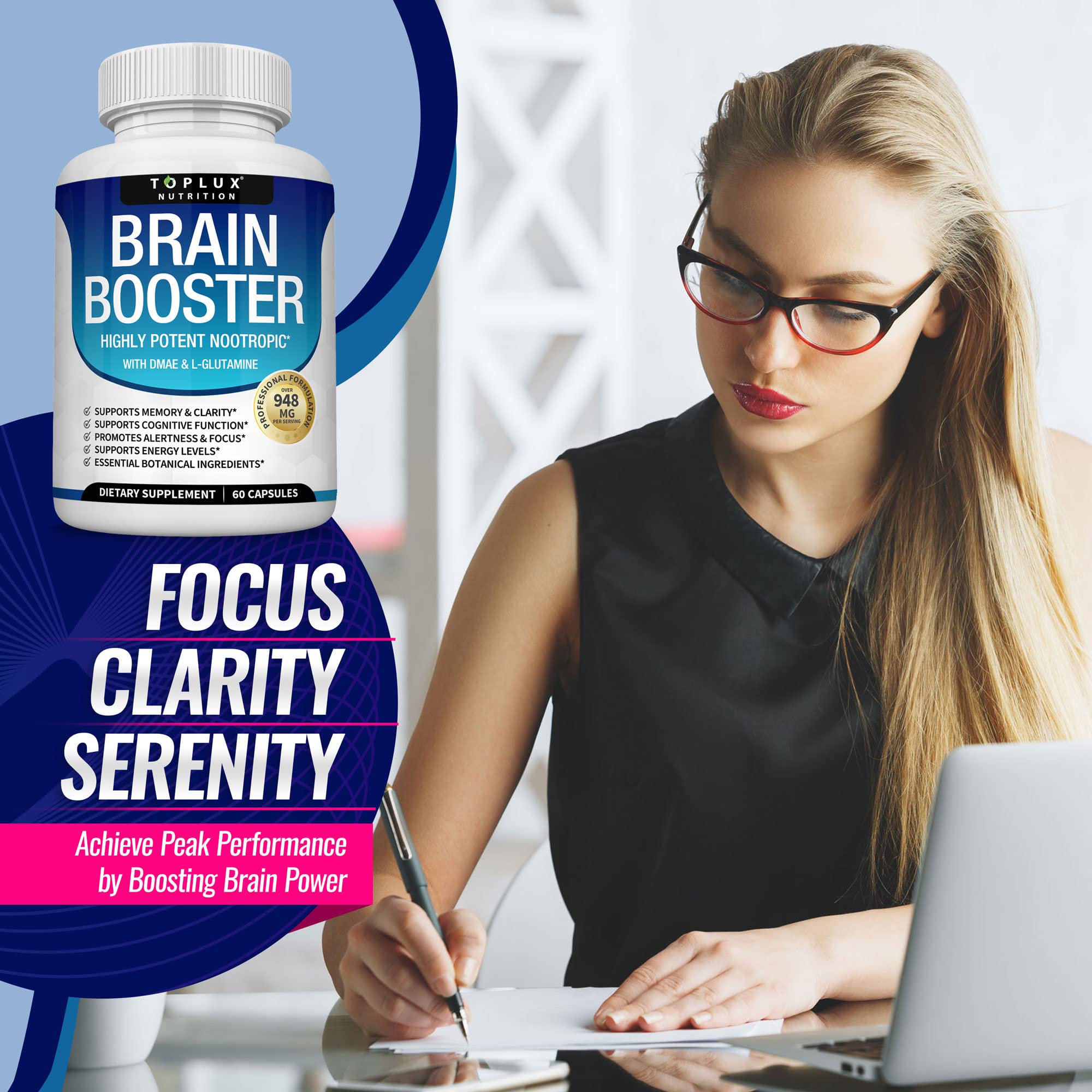 Toplux Brain Supplement Nootropic – Brain Pills Vitamin with DMAE, Bacopa Monnieri, L-Gutamine, for Men Women, 60 Capsules, Nutrition - TrustMedUSA