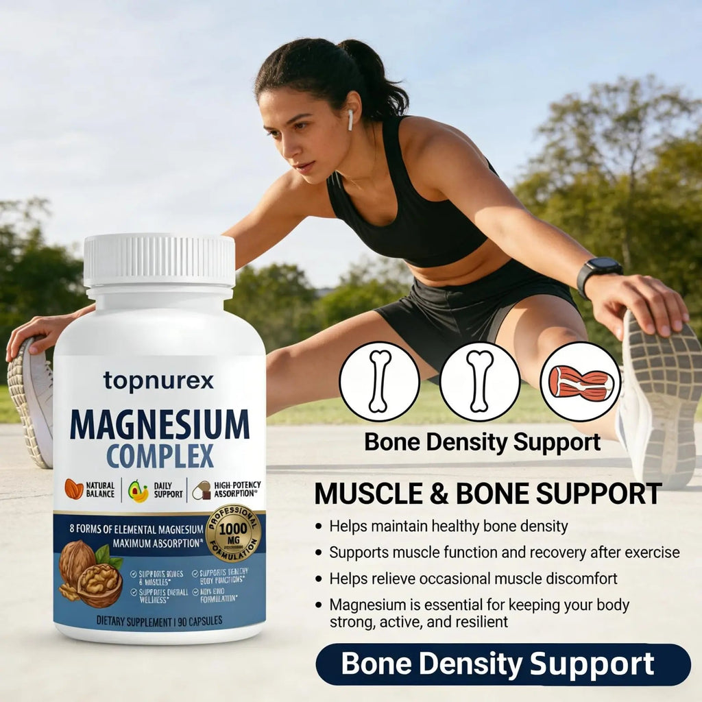 Topnurex Magnesium Complex for Women & Men - 1000mg High Absorption, 8 Essential Magnesium, 90 Capsules - TrustMedUSA