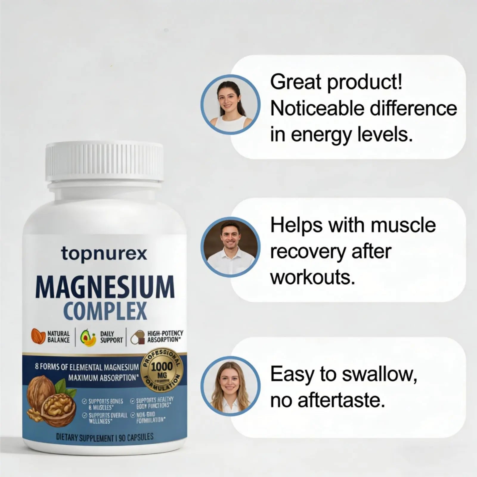 Topnurex Magnesium Complex for Women & Men - 1000mg High Absorption, 8 Essential Magnesium, 90 Capsules - TrustMedUSA