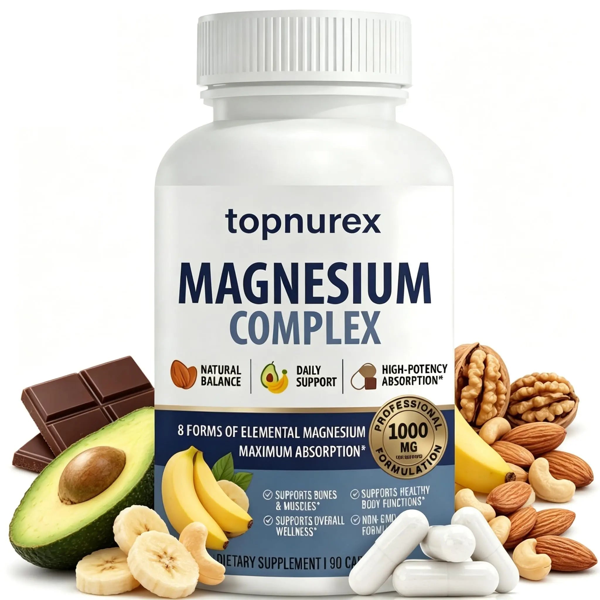 Topnurex Magnesium Complex for Women & Men - 1000mg High Absorption, 8 Essential Magnesium, 90 Capsules - TrustMedUSA