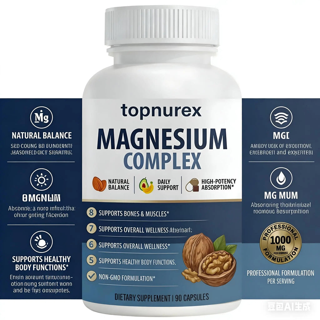 Topnurex Magnesium Complex for Women & Men - 1000mg High Absorption, 8 Essential Magnesium, 90 Capsules - TrustMedUSA
