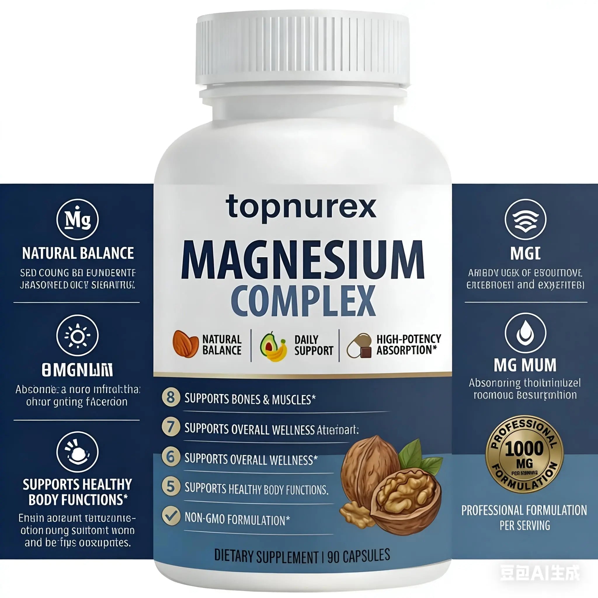 Topnurex Magnesium Complex for Women & Men - 1000mg High Absorption, 8 Essential Magnesium, 90 Capsules - TrustMedUSA