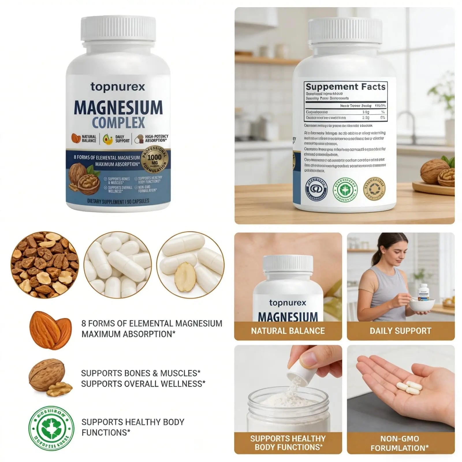 Topnurex Magnesium Complex for Women & Men - 1000mg High Absorption, 8 Essential Magnesium, 90 Capsules - TrustMedUSA