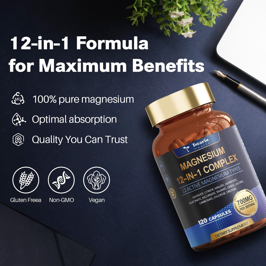 Totaria Magnesium Complex 700mg 12 in 1 Magnesium Supplement with Glycinate Citrate Malate Oxide Taurate Aspartate Orotate Magnesium Relaxation - TrustMedUSA