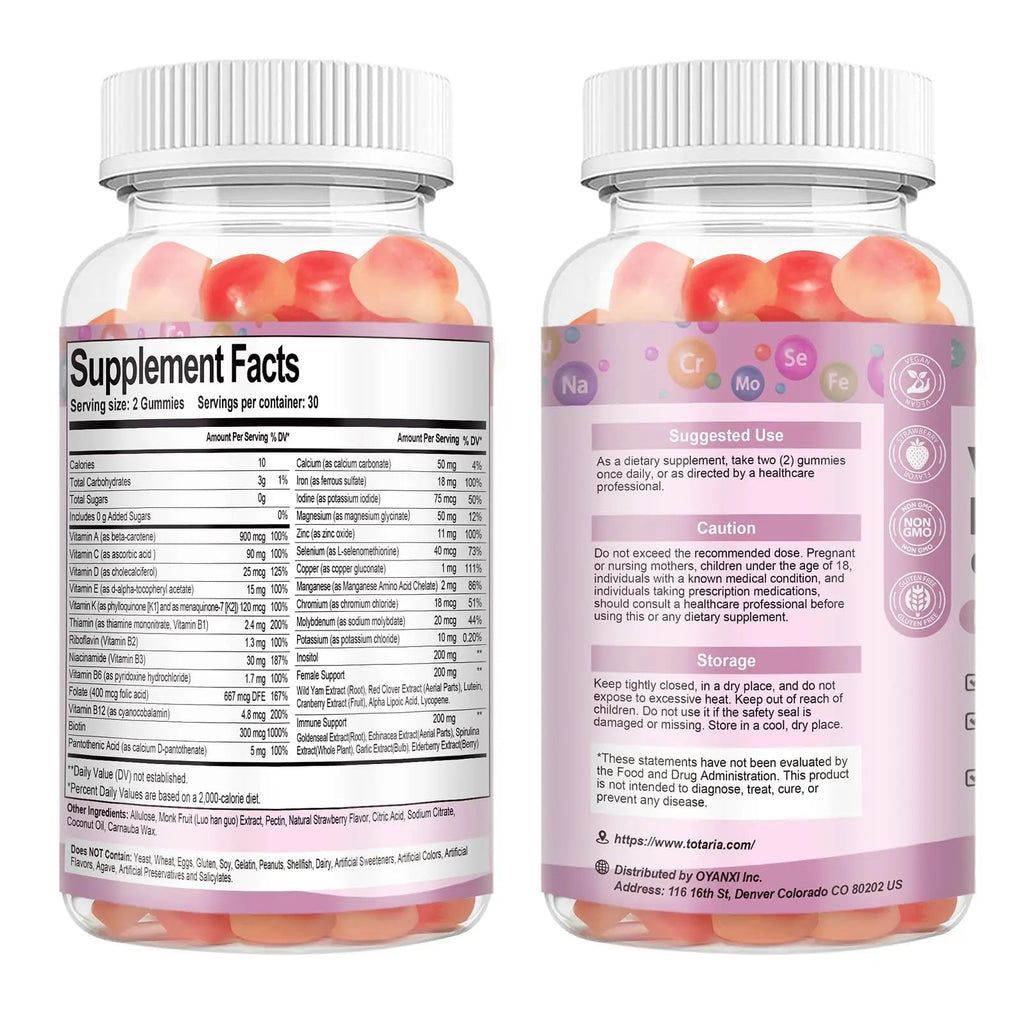Totaria Sugar Free Multivitamin Gummies for Women 14+ w/Iron, Inositol, Folate, Biotin, Womens Daily Multivitamin Gummy w/Vitamin A, C, B, D3, K2 - TrustMedUSA