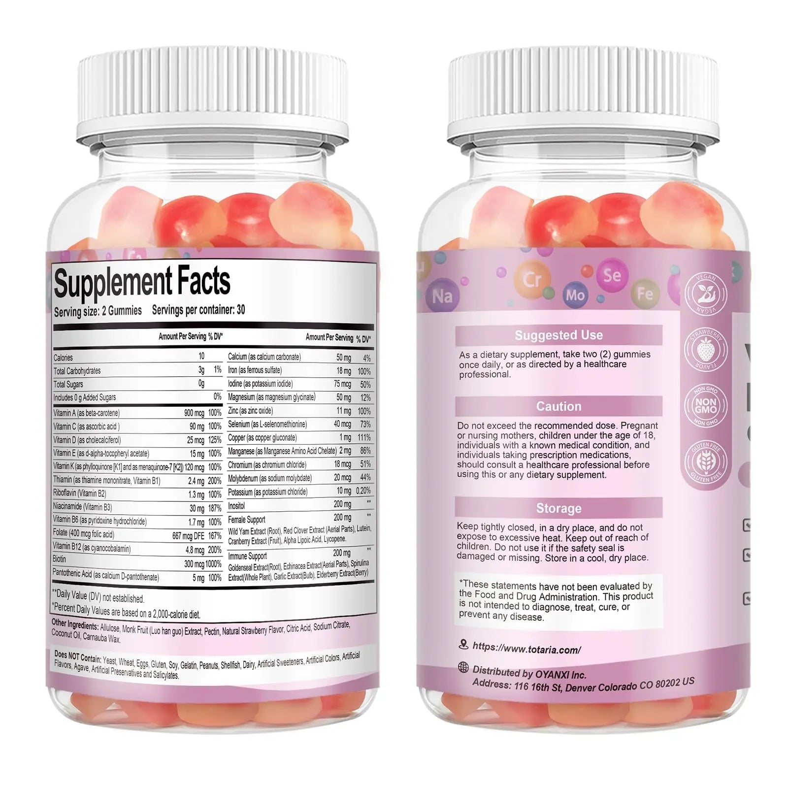 Totaria Sugar Free Multivitamin Gummies for Women 14+ w/Iron, Inositol, Folate, Biotin, Womens Daily Multivitamin Gummy w/Vitamin A, C, B, D3, K2 - TrustMedUSA