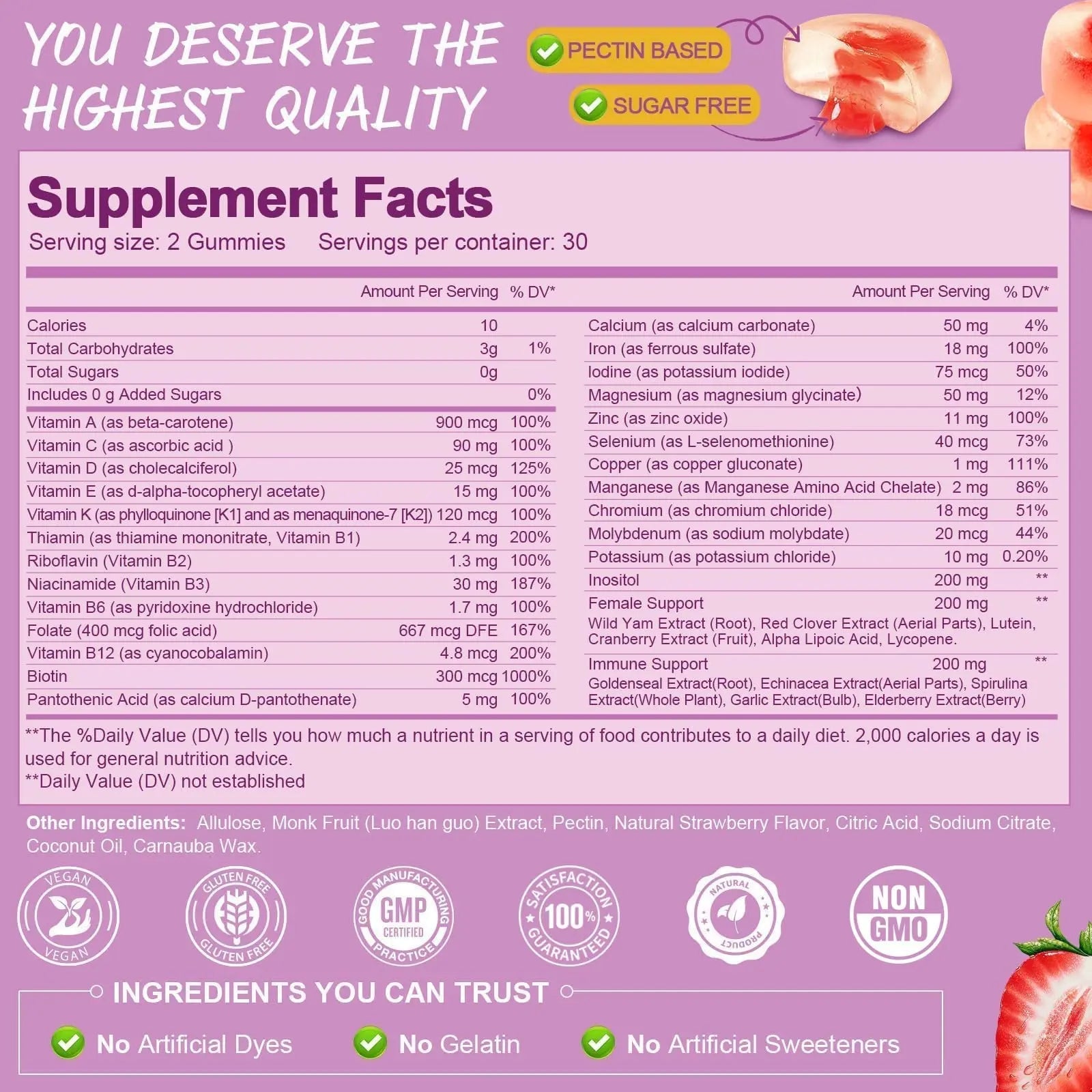 Totaria Sugar Free Multivitamin Gummies for Women 14+ w/Iron, Inositol, Folate, Biotin, Womens Daily Multivitamin Gummy w/Vitamin A, C, B, D3, K2 - TrustMedUSA