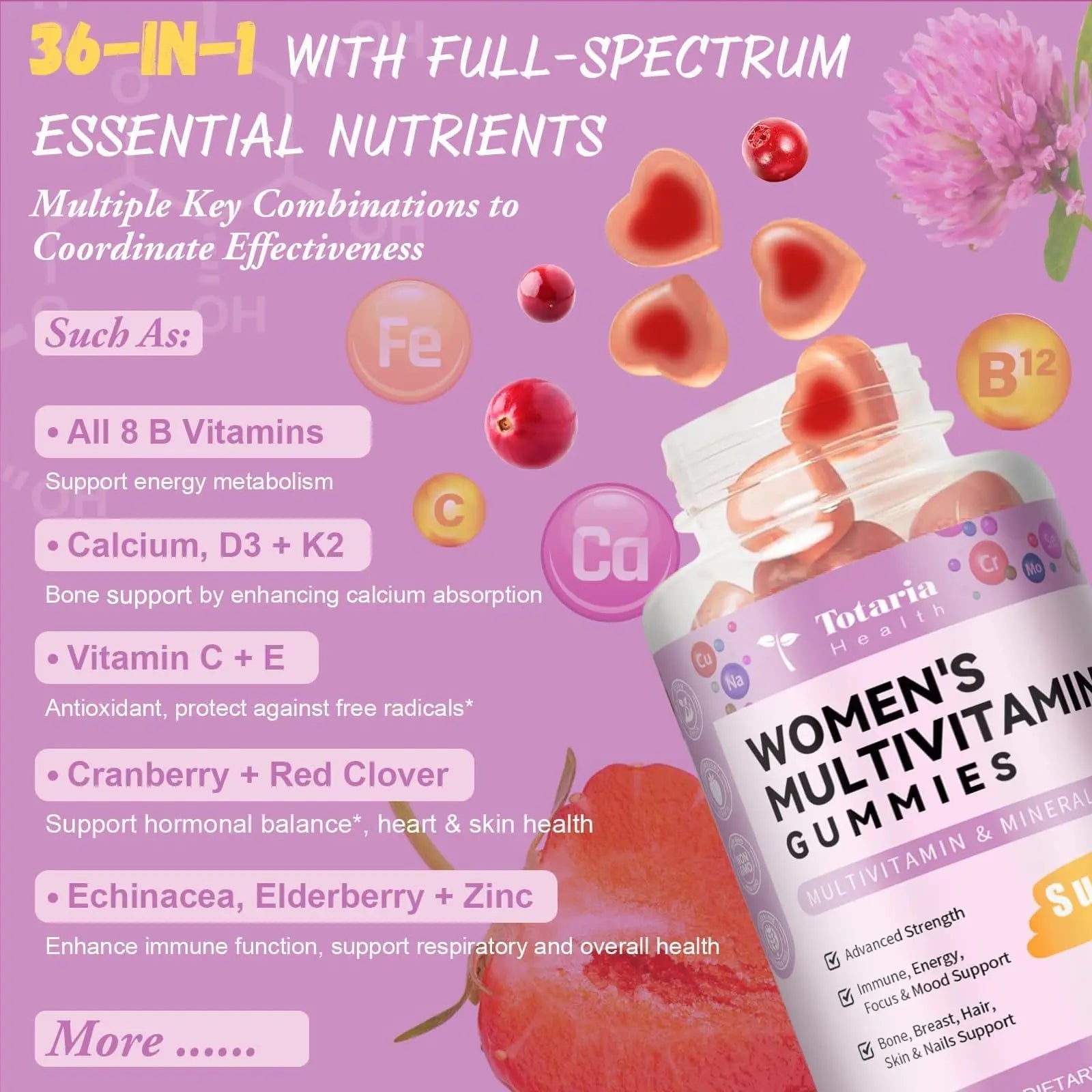Totaria Sugar Free Multivitamin Gummies for Women 14+ w/Iron, Inositol, Folate, Biotin, Womens Daily Multivitamin Gummy w/Vitamin A, C, B, D3, K2 - TrustMedUSA