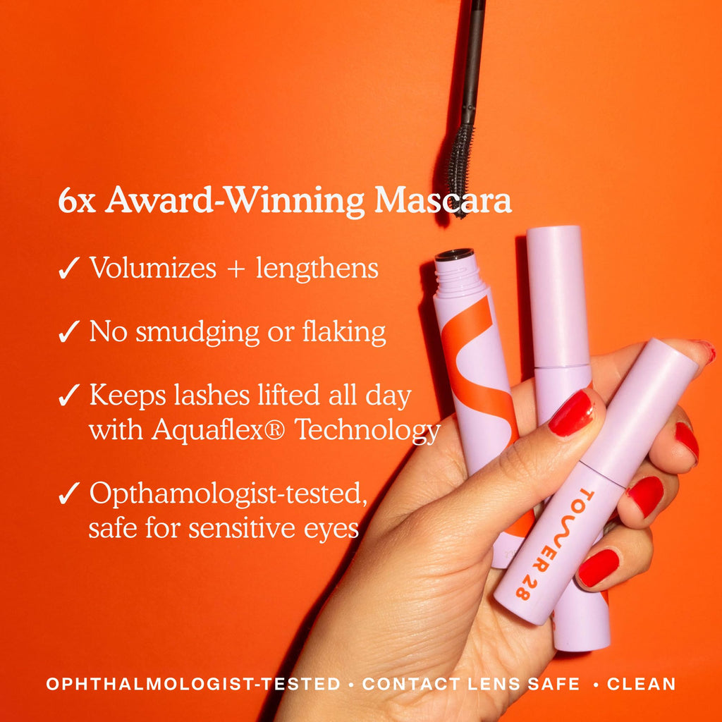 Tower 28 MakeWaves Vegan Black Mascara - Volumizing & Lengthening Mascara for Sensitive Eyes - With Aquaflex Technology for Humidity-Proof Lift - Hypoallergenic Eye Makeup - Jet (0.29 oz) - TrustMedUSA