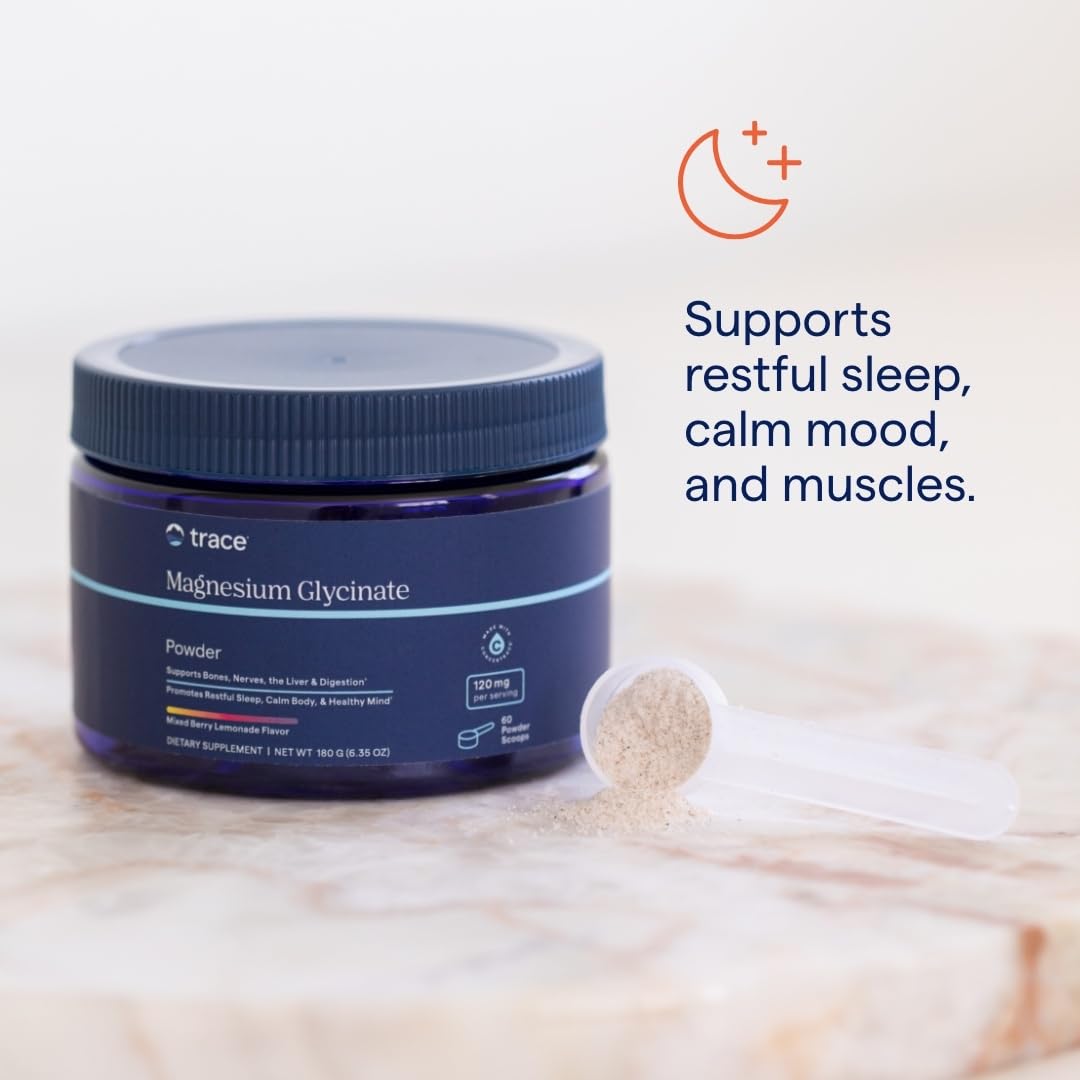 Trace Minerals Magnesium Glycinate Powder - Daily Magnesium Powder for Sleep Support - Calming Bedtime Drink - Natural & Gentle - Mixed Berry Lemonade - 180g (60 Servings) - TrustMedUSA