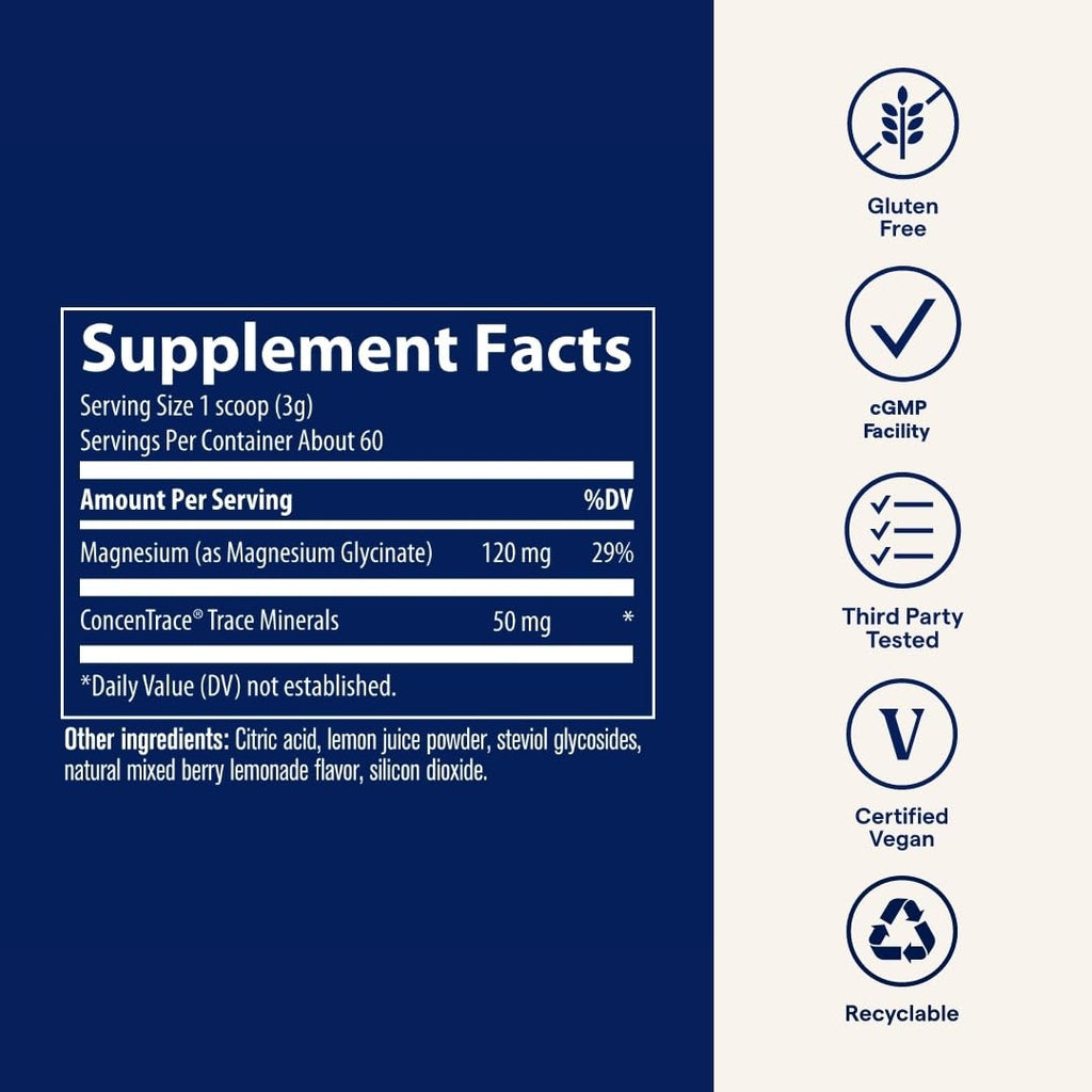Trace Minerals Magnesium Glycinate Powder - Daily Magnesium Powder for Sleep Support - Calming Bedtime Drink - Natural & Gentle - Mixed Berry Lemonade - 180g (60 Servings) - TrustMedUSA