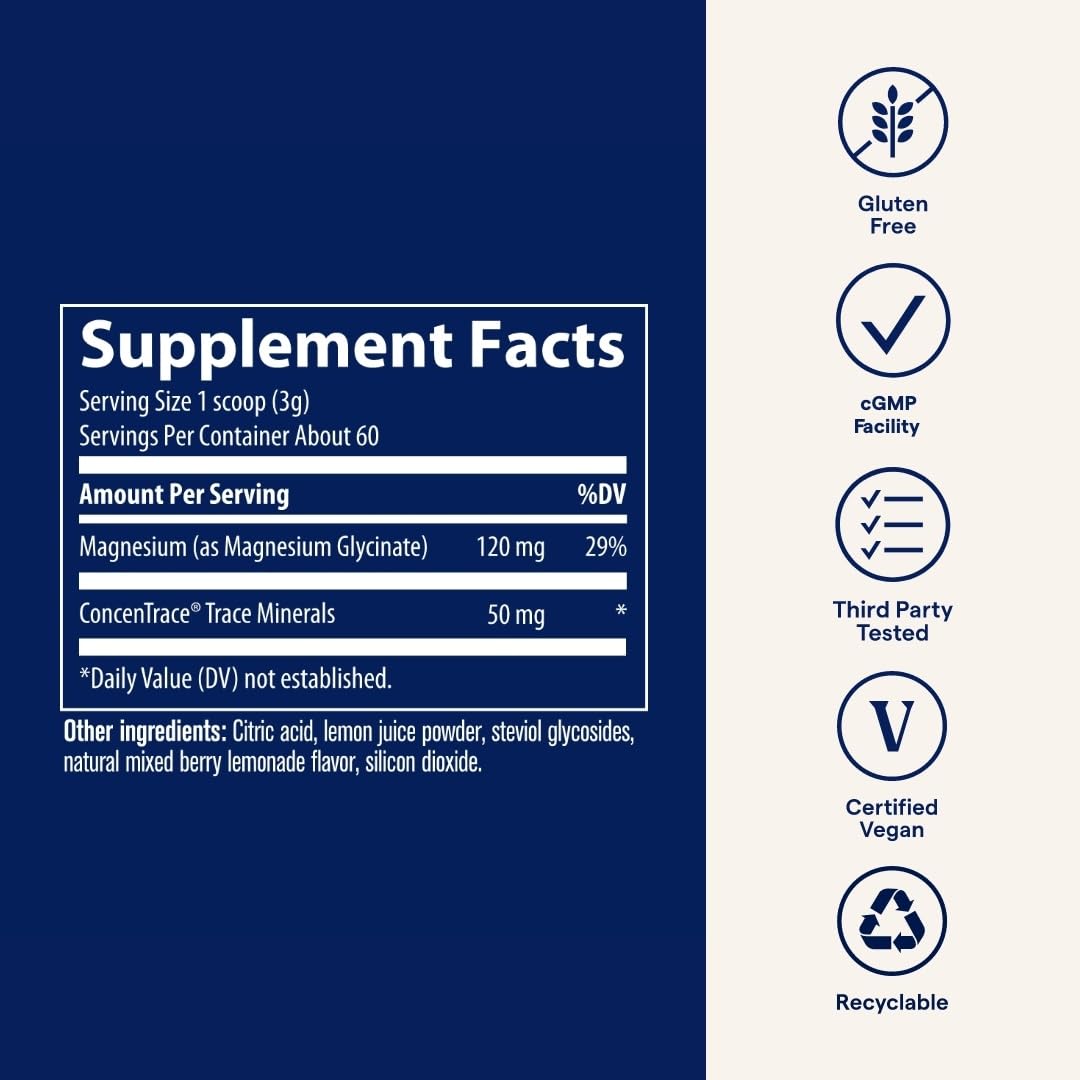 Trace Minerals Magnesium Glycinate Powder - Daily Magnesium Powder for Sleep Support - Calming Bedtime Drink - Natural & Gentle - Mixed Berry Lemonade - 180g (60 Servings) - TrustMedUSA
