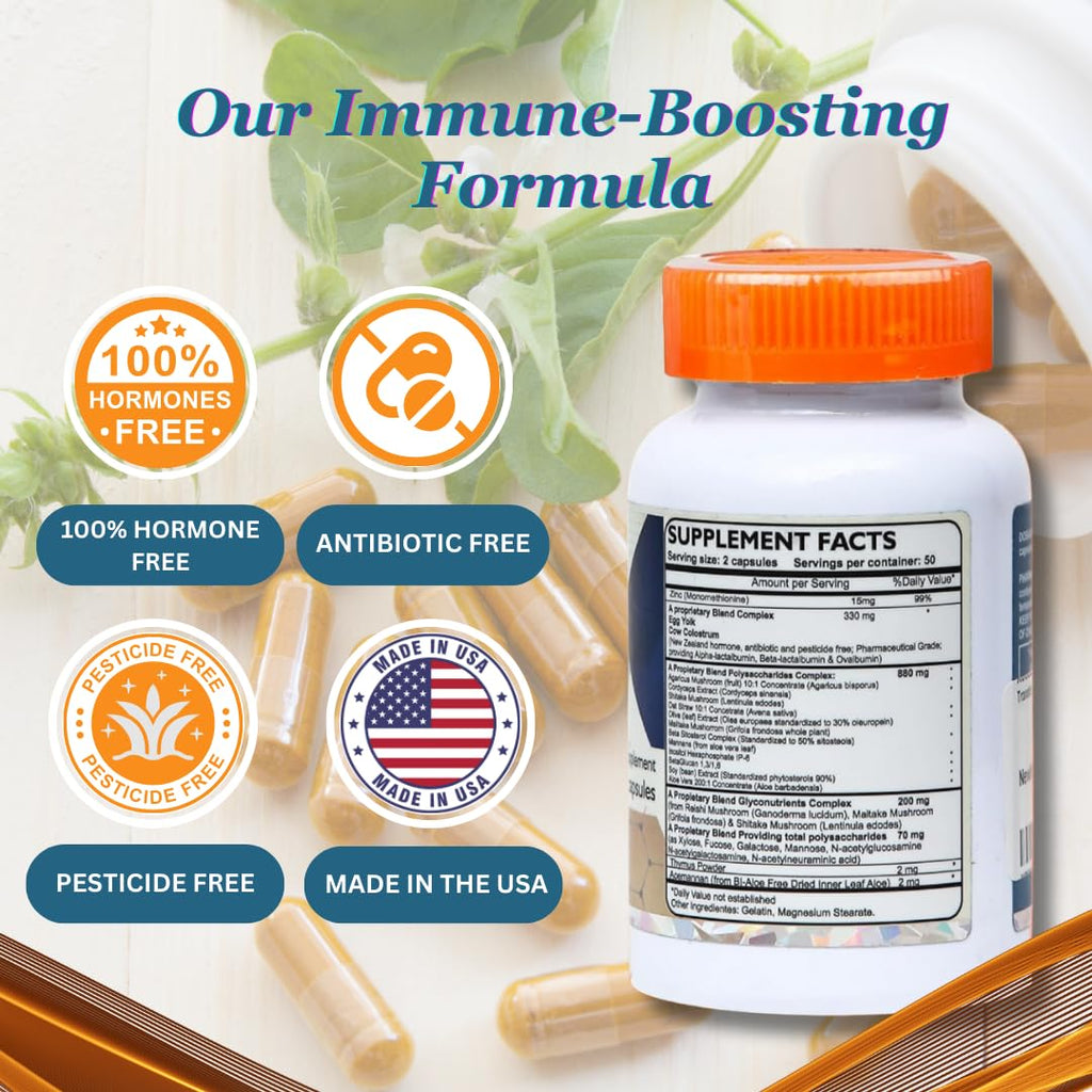 Transfer Factor Enhanced, 100 Natural Capsules, Immune Support - Transfer Factor Multi Immune from Cow Colostrum, Egg Yolk & Special Blend of Mushrooms - TrustMedUSA