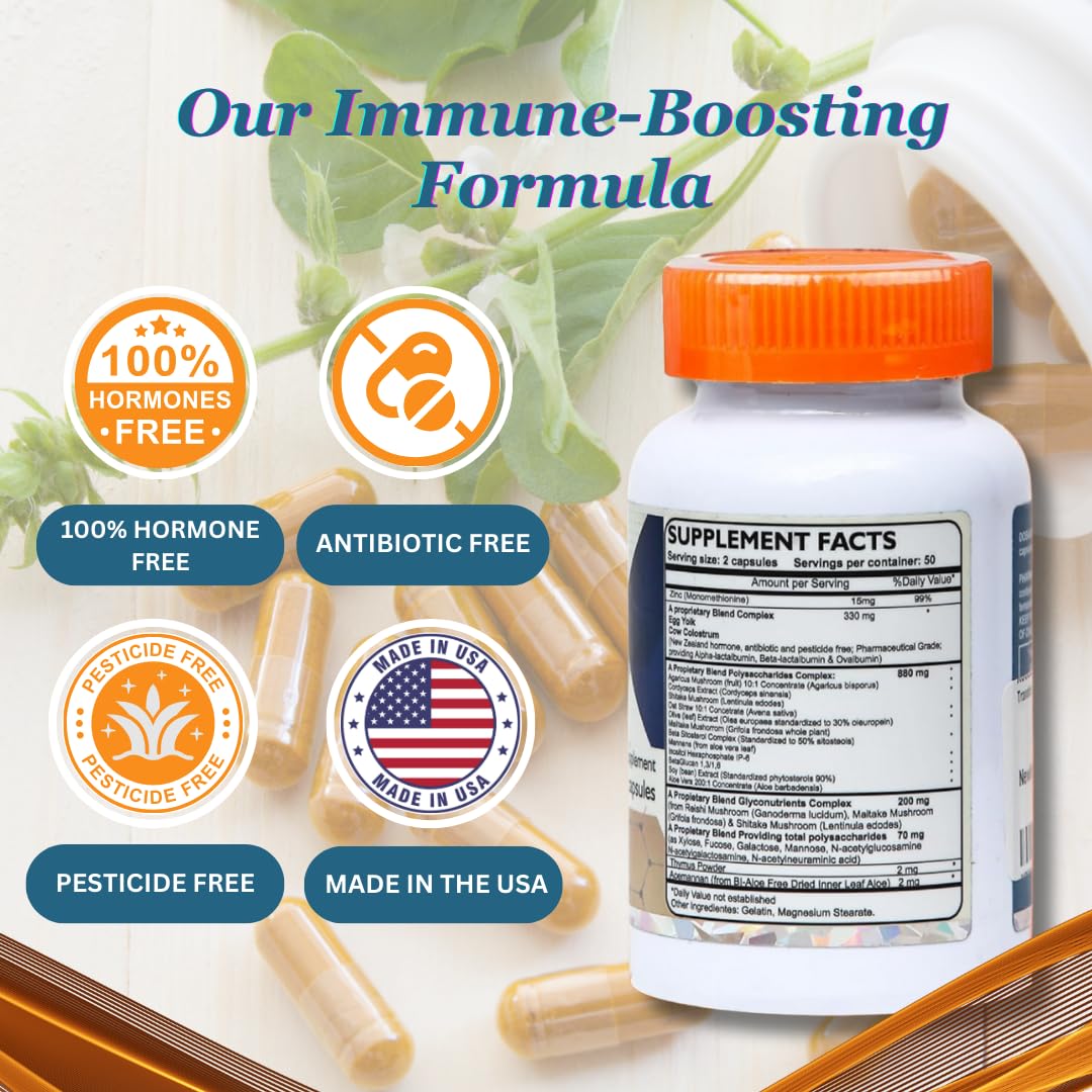 Transfer Factor Enhanced, 100 Natural Capsules, Immune Support - Transfer Factor Multi Immune from Cow Colostrum, Egg Yolk & Special Blend of Mushrooms - TrustMedUSA