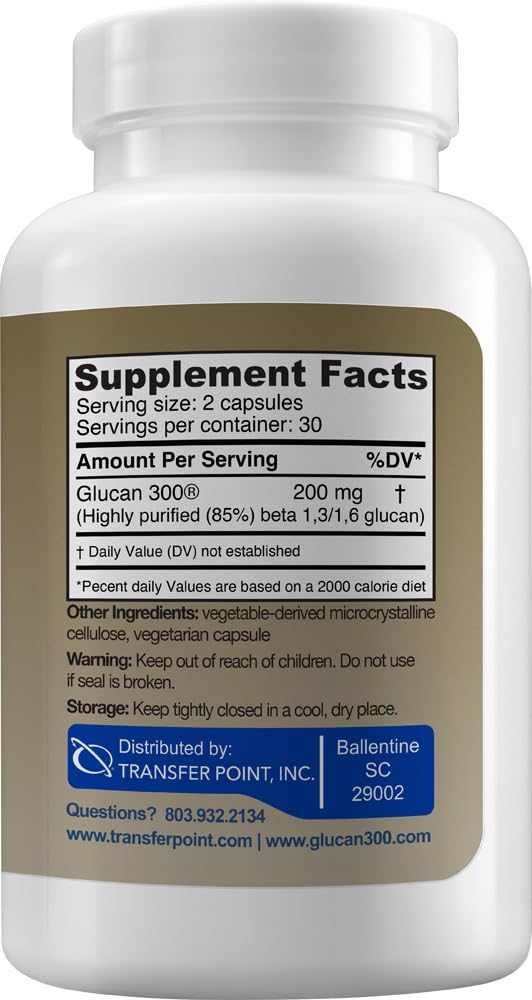 Transfer Point Yeast-Derived Beta 1,3D Glucan (1,3/1,6 B-Glucans) 200mg, Minimum 85% Beta Glucan Content, Non-GMO, Vegetarian, All-Natural Immune Support, 60 Capsules - Maple Wellness Supplements