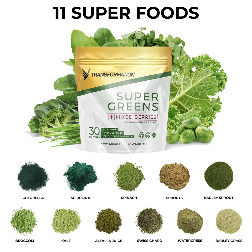 Transformation Super Greens Superfood Green Juice Powder - Immune & Energy Support | Natural Ingredients | Detoxifying & Alkalizing Minerals - Spirulina, Chlorella, Wheatgrass, Spinach, Alfalfa - TrustMedUSA