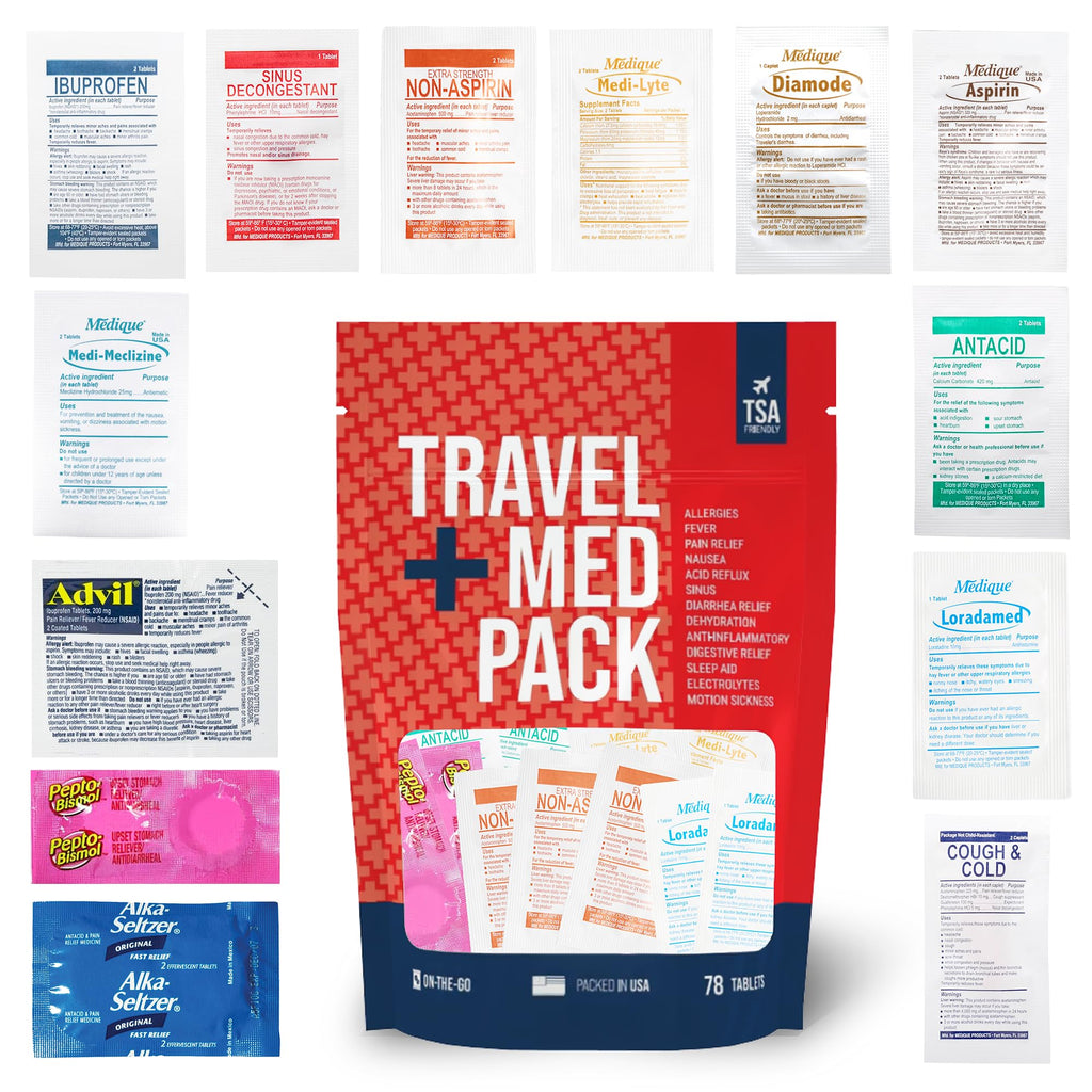 Travel Medicine Kit - 78-Piece TSA-Friendly Med Pack for Flights, Cruises & International Travel | Individually Wrapped Medication Essentials for Any Occasion - Maple Wellness Supplements