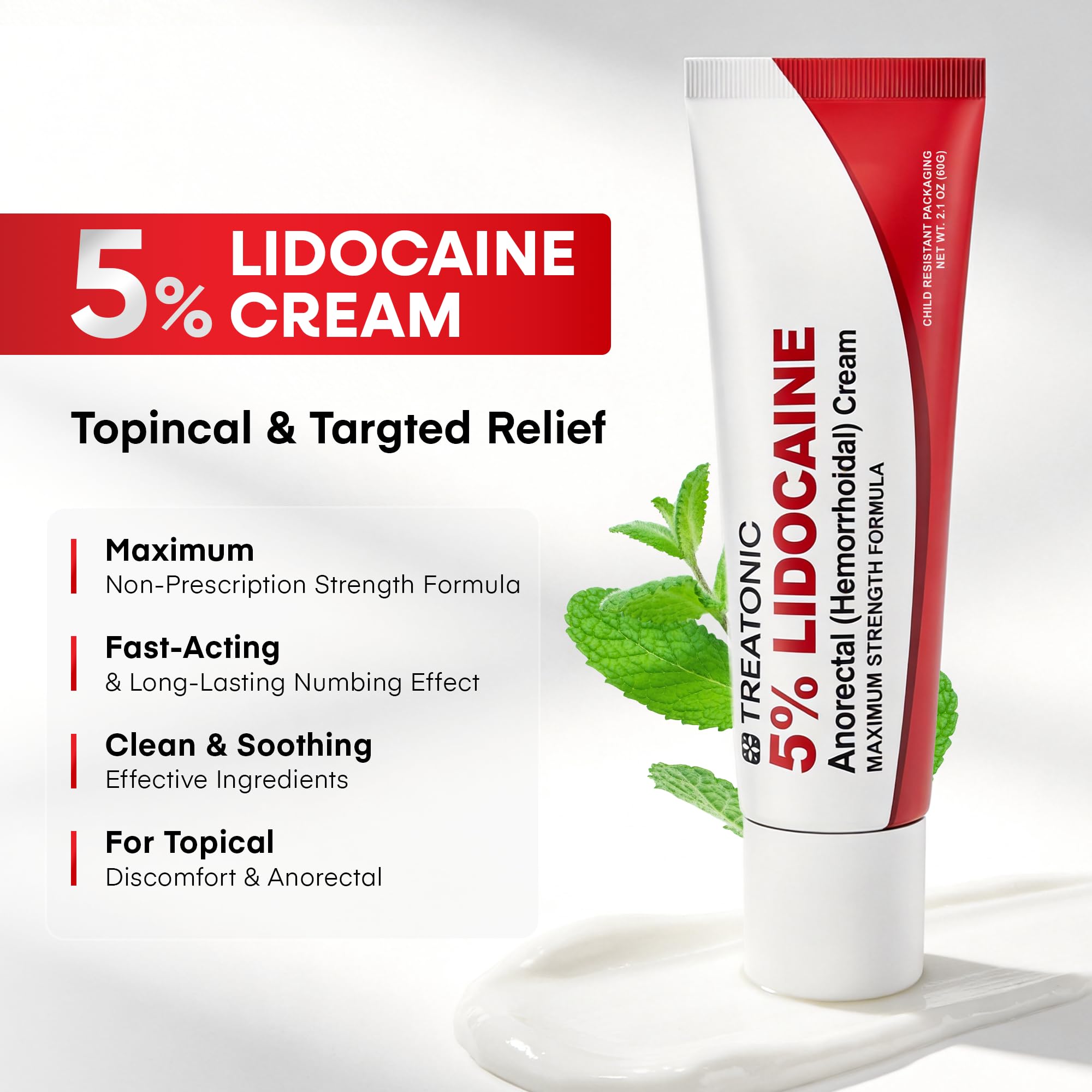 Treatonic 5% Lidocaine Numbing Cream: Lidocaine Cream for Pain Relief, Itching, Burning, Soreness, Hemorrhoid - Maximum Strength Topical Numb Cream - Fast Acting & Long Lasting Numbing Cream - 4.2 oz - TrustMedUSA