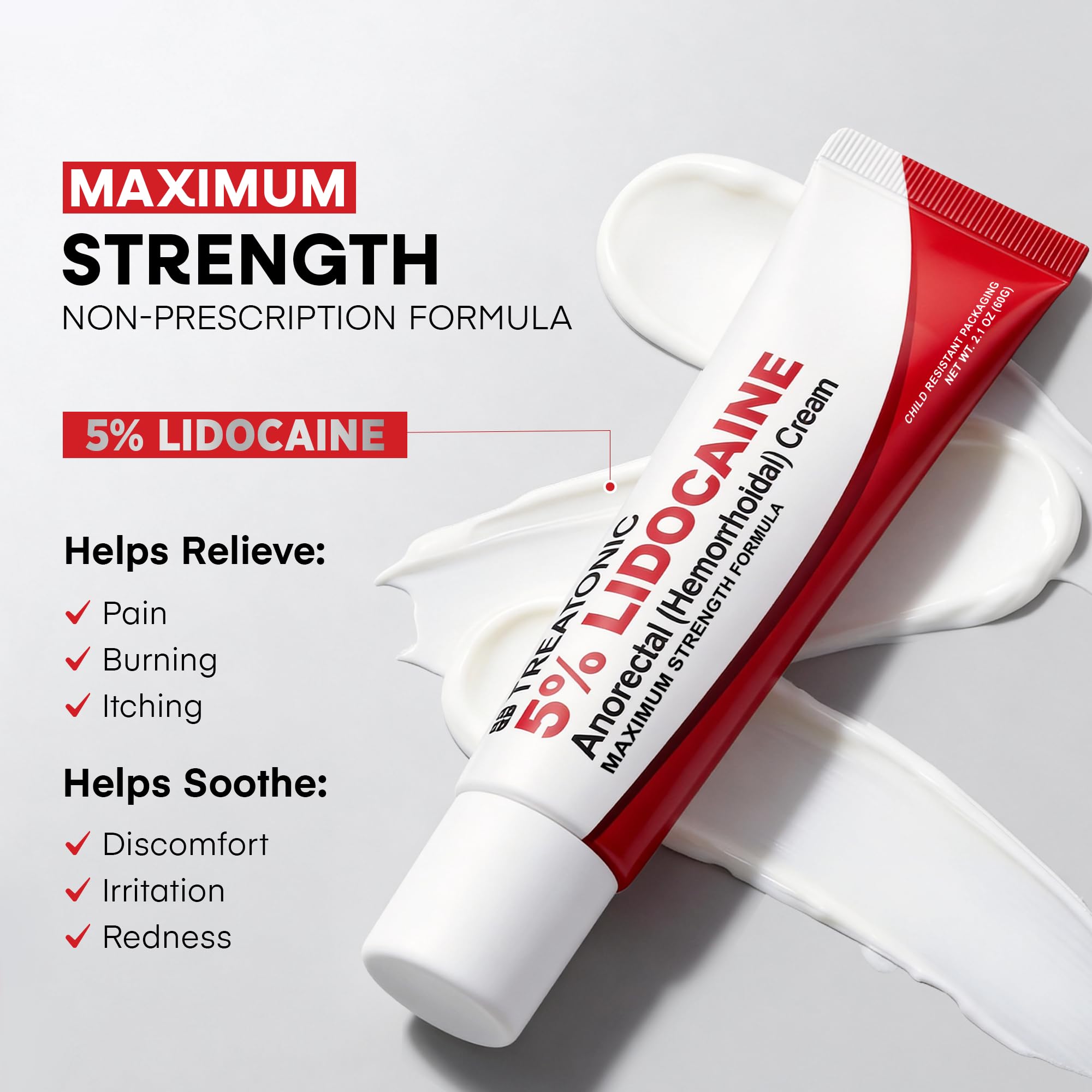 Treatonic 5% Lidocaine Numbing Cream: Lidocaine Cream for Pain Relief, Itching, Burning, Soreness, Hemorrhoid - Maximum Strength Topical Numb Cream - Fast Acting & Long Lasting Numbing Cream- 2.1 oz - TrustMedUSA