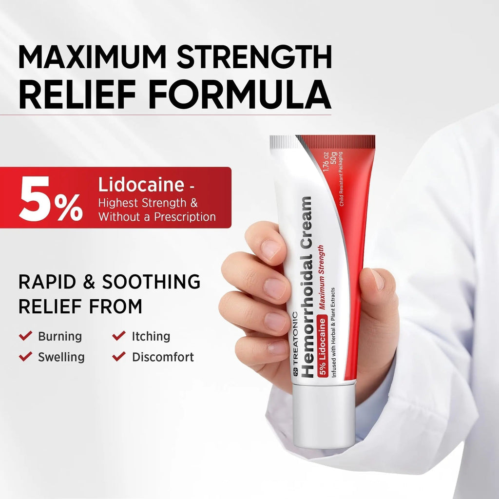 Treatonic Hemorrhoid Treatment Cream: 5% Lidocaine Hemorrhoid Cream for Numbing Relief of Pain, Burning, Itching, Discomfort, & Swelling - Fissure & Hemorrhoids - 1.76 oz - TrustMedUSA