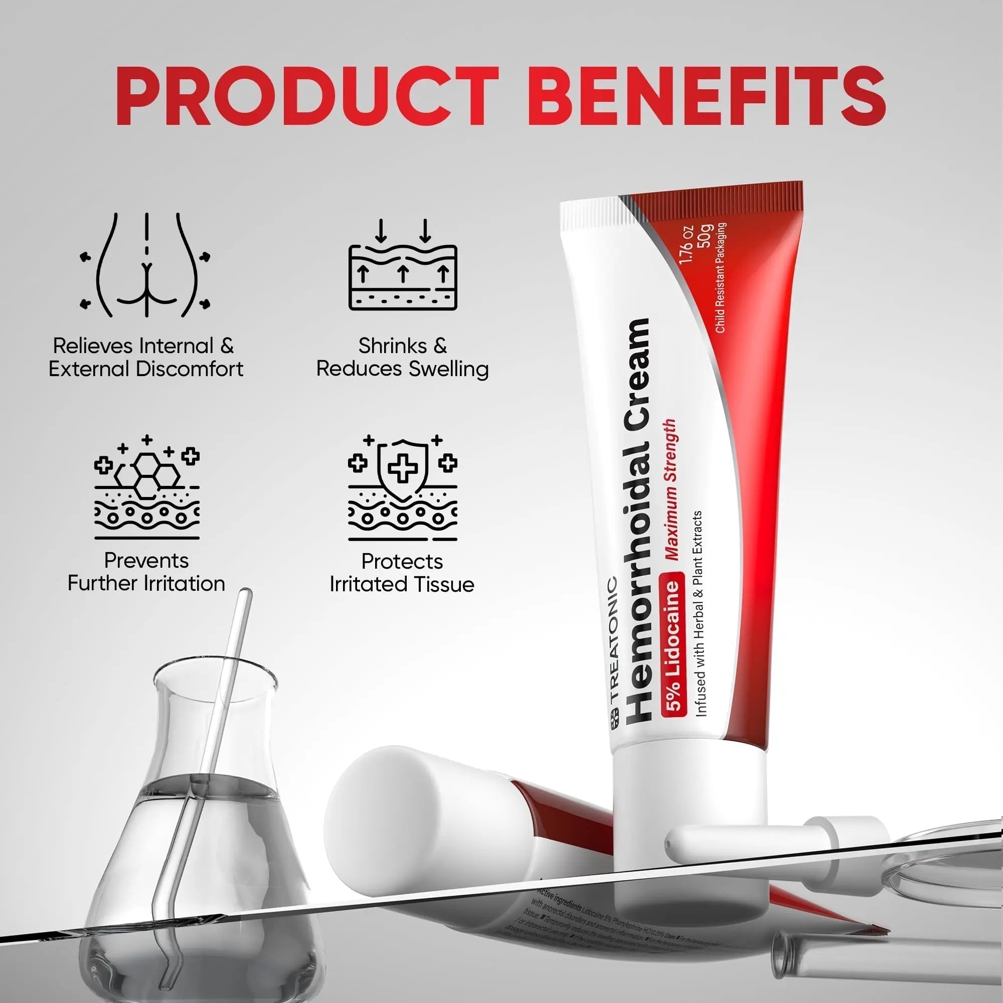 Treatonic Hemorrhoid Treatment Cream: 5% Lidocaine Hemorrhoid Cream for Numbing Relief of Pain, Burning, Itching, Discomfort, & Swelling - Fissure & Hemorrhoids - 1.76 oz - TrustMedUSA