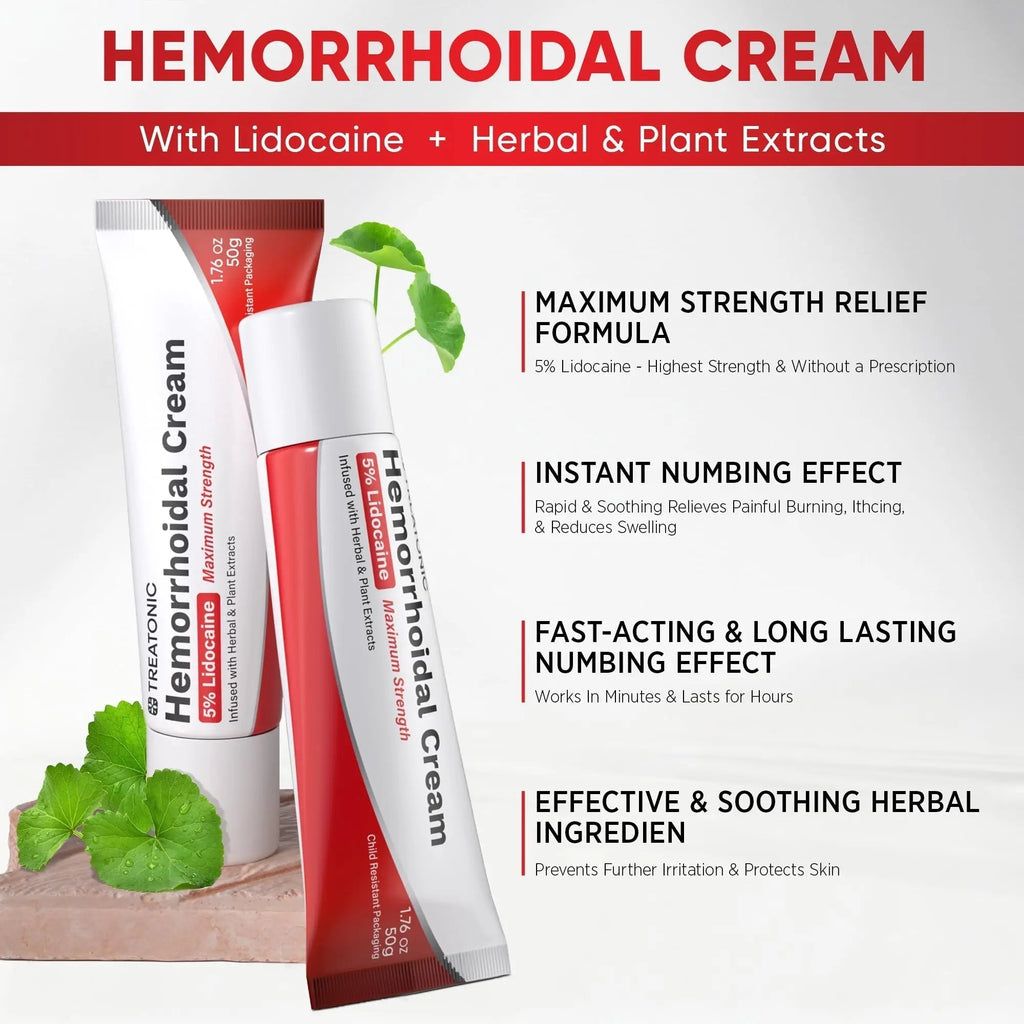 Treatonic Hemorrhoid Treatment Cream: 5% Lidocaine Hemorrhoid Cream for Numbing Relief of Pain, Burning, Itching, Discomfort, & Swelling - Fissure & Hemorrhoids - 1.76 oz - TrustMedUSA