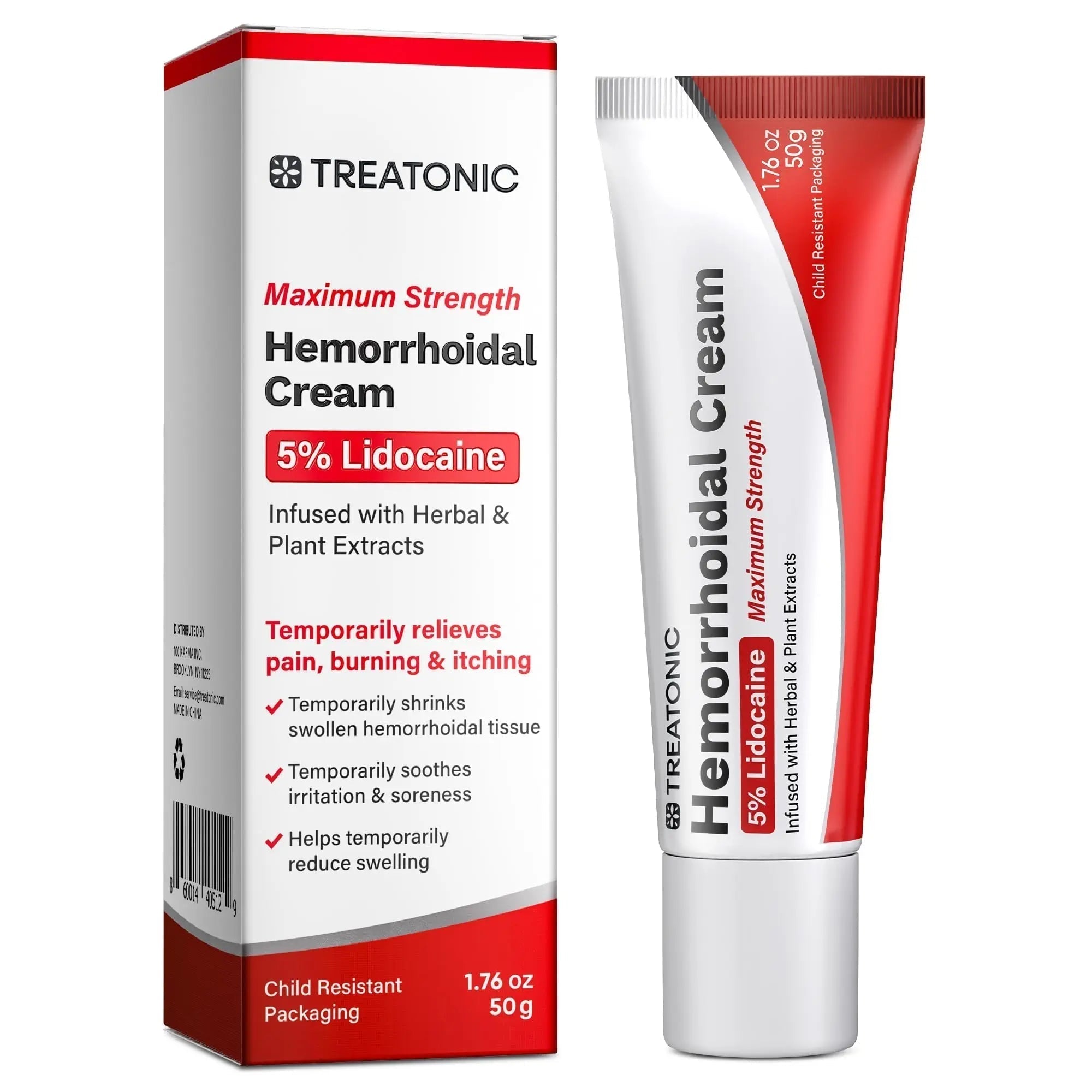 Treatonic Hemorrhoid Treatment Cream: 5% Lidocaine Hemorrhoid Cream for Numbing Relief of Pain, Burning, Itching, Discomfort, & Swelling - Fissure & Hemorrhoids - 1.76 oz - TrustMedUSA