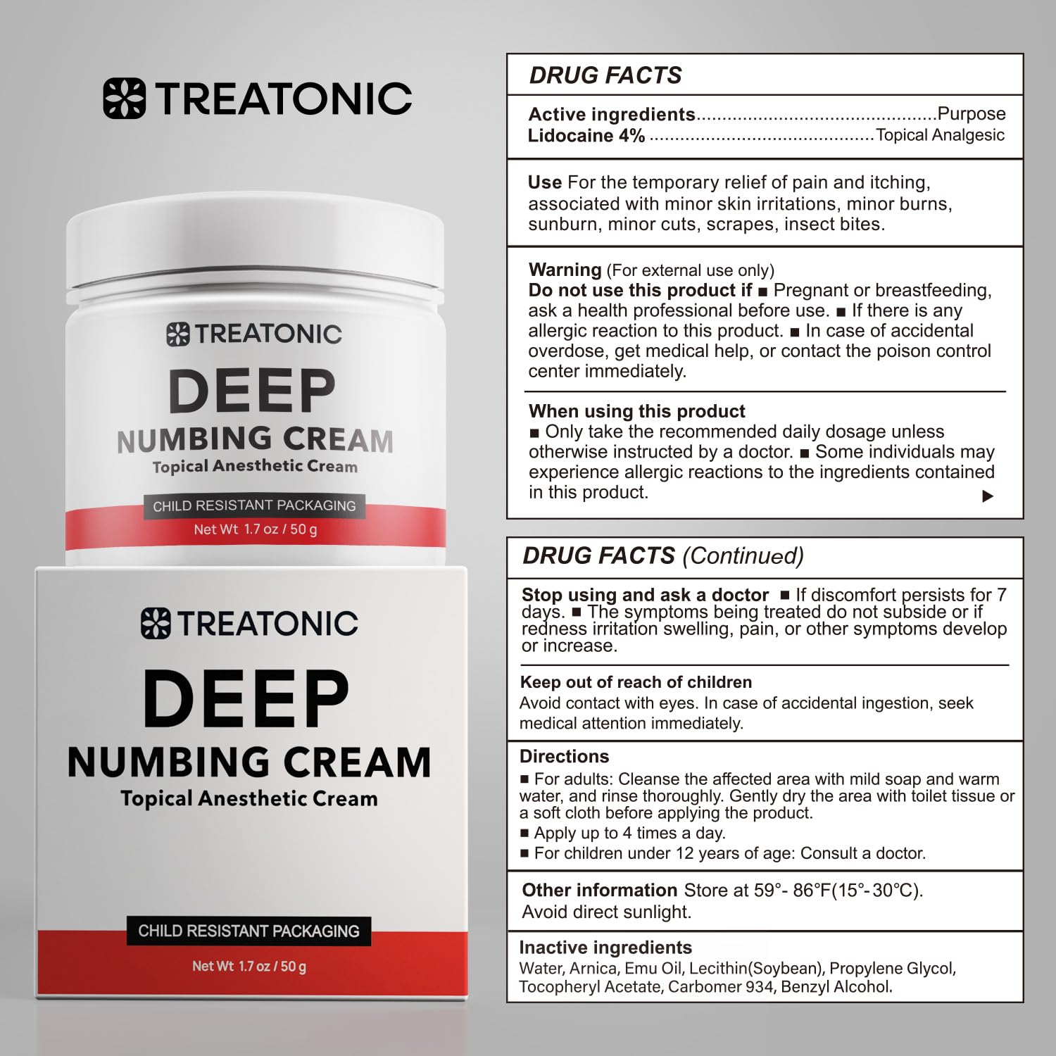 Treatonic Maximum Strength Numbing Cream: Numbing Cream for Discomfort, Burn, Itch & Pain Relief - Fast-Acting, Soothing Topical Anesthetic with Menthol & Emu Oil for Hemorrhoid Treatment – 1.7oz - TrustMedUSA