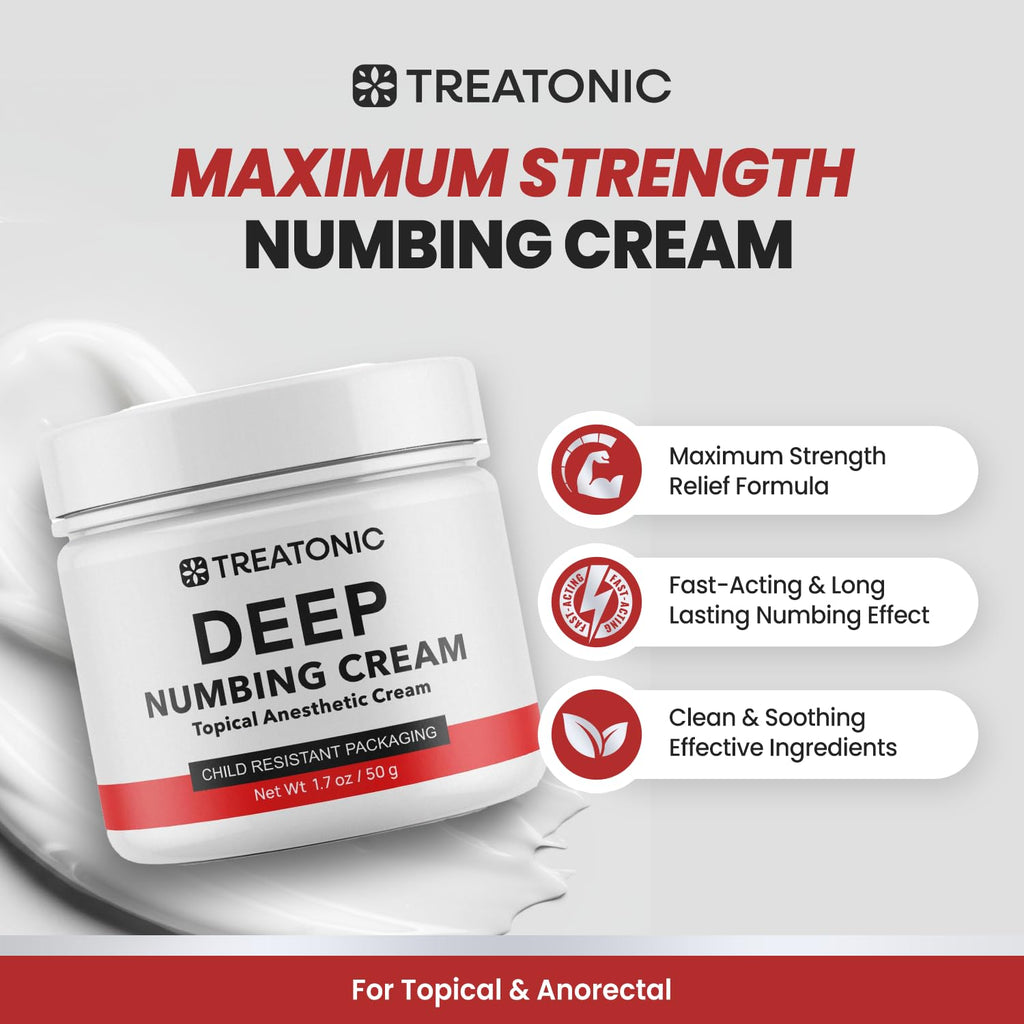Treatonic Maximum Strength Numbing Cream: Numbing Cream for Discomfort, Burn, Itch & Pain Relief - Fast-Acting, Soothing Topical Anesthetic with Menthol & Emu Oil for Hemorrhoid Treatment – 1.7oz - TrustMedUSA