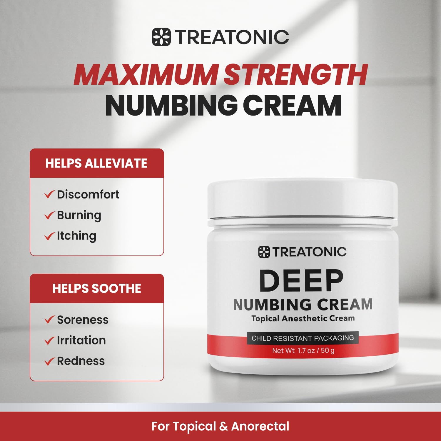 Treatonic Maximum Strength Numbing Cream: Numbing Cream for Discomfort, Burn, Itch & Pain Relief - Fast-Acting, Soothing Topical Anesthetic with Menthol & Emu Oil for Hemorrhoid Treatment – 1.7oz - TrustMedUSA