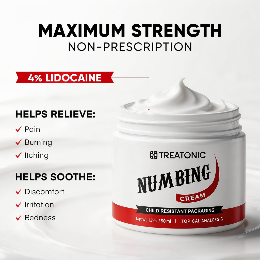 Treatonic Numbing Cream: Extra Strength Numbing Cream for Discomfort, Burning, Itching, & After Sun - Maximum Strength Topical Anesthetic with Menthol & Emu Oil for Toes Feet Hands Legs Arms – 1.7oz - TrustMedUSA