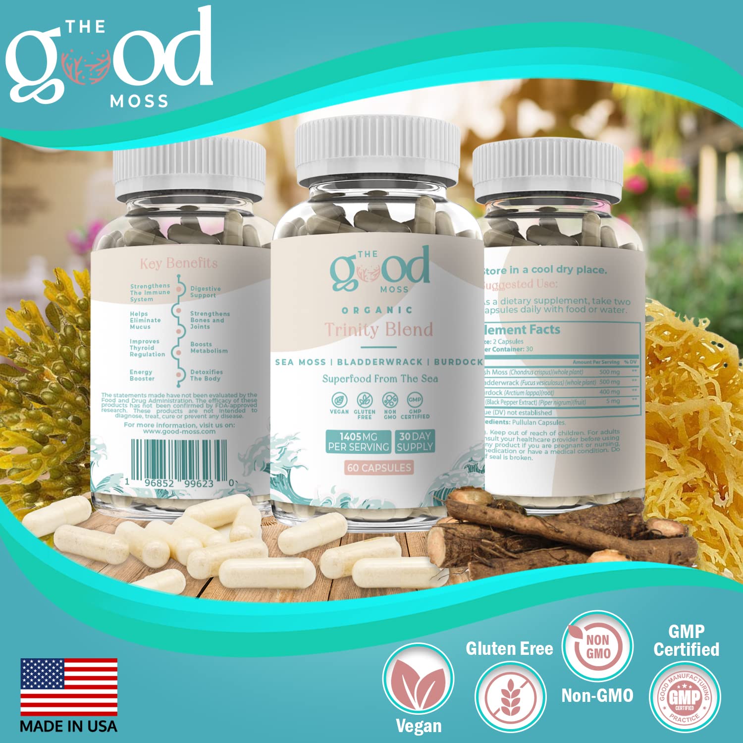 Trinity Blend Superfood -Sea Moss, Bladderwrack and Burdock Root Supplement for Overall Health Support, Hair, Skin and Nails 60ct - TrustMedUSA