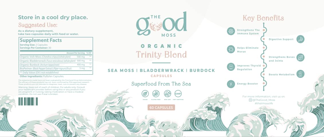 Trinity Blend Superfood -Sea Moss, Bladderwrack and Burdock Root Supplement for Overall Health Support, Hair, Skin and Nails 60ct - TrustMedUSA