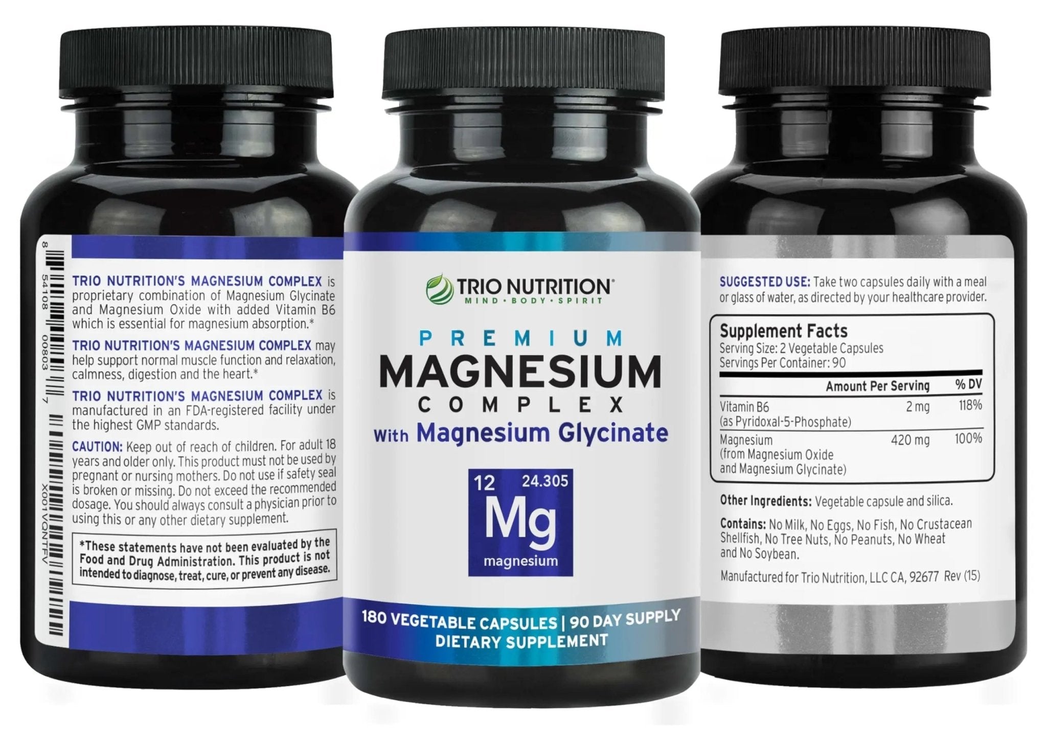 Trio Nutrition Magnesium Complex 90 Day Supply 420 mg | Natural Calm, Relax, Stress Relief, and Muscle Recovery |Magnesium Glycinate Supplement with Vitamin B6 for Rapid Absorption* - TrustMedUSA