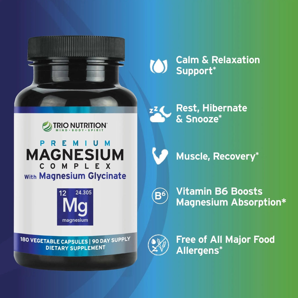 Trio Nutrition Magnesium Complex 90 Day Supply 420 mg | Natural Calm, Relax, Stress Relief, and Muscle Recovery |Magnesium Glycinate Supplement with Vitamin B6 for Rapid Absorption* - TrustMedUSA