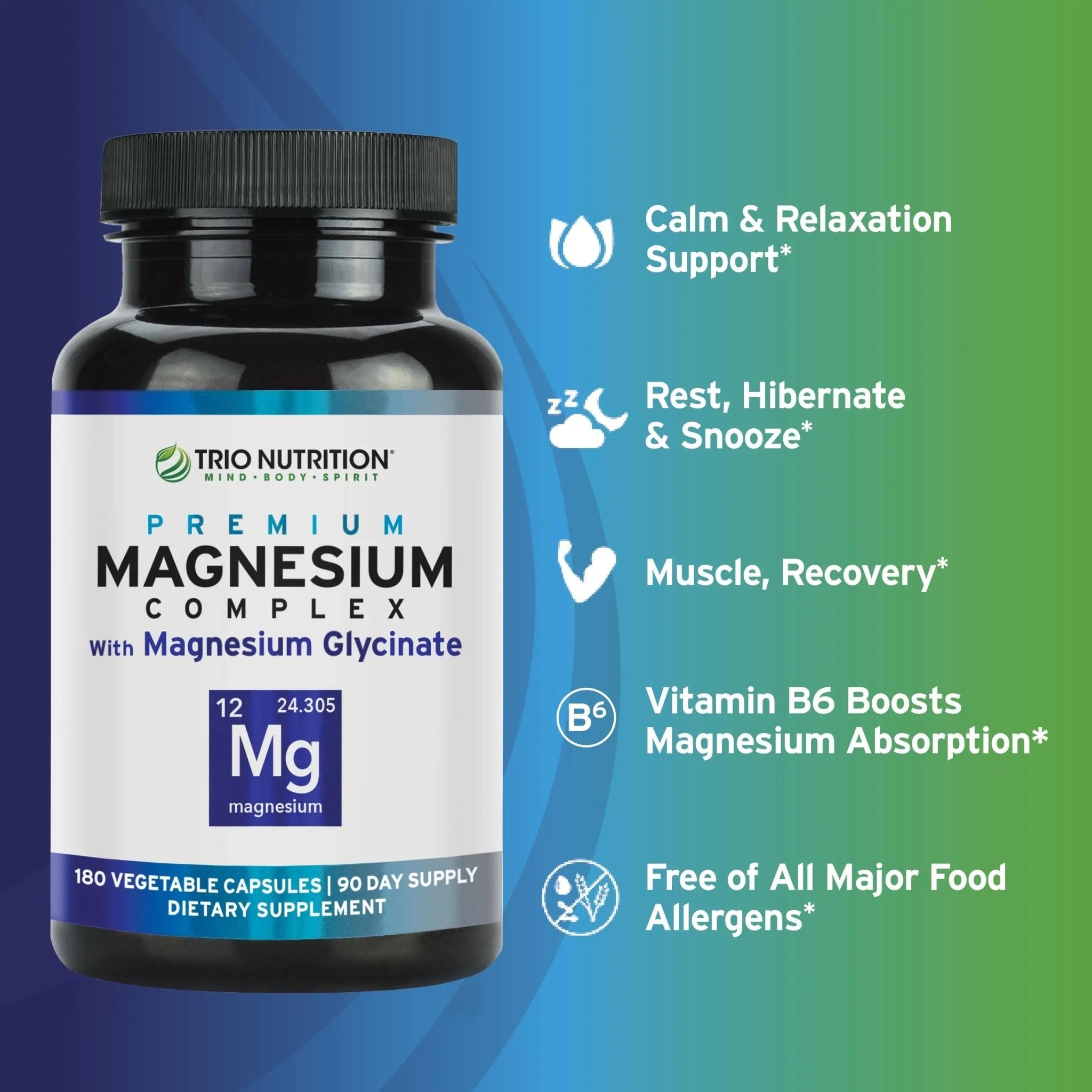Trio Nutrition Magnesium Complex 90 Day Supply 420 mg | Natural Calm, Relax, Stress Relief, and Muscle Recovery |Magnesium Glycinate Supplement with Vitamin B6 for Rapid Absorption* - TrustMedUSA
