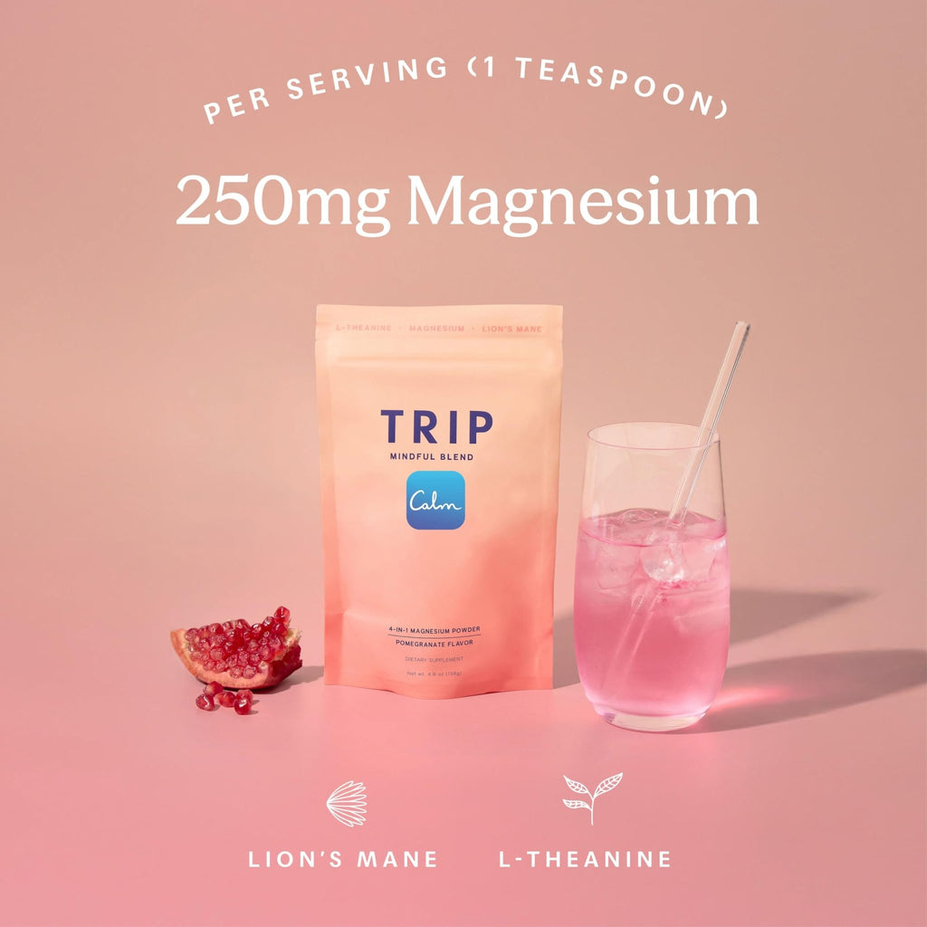 TRIP Magnesium Glycinate Powder with L-Theanine & Lion’s Mane, Sugar Free Magnesium Supplement for Adults, 250mg Magnesium per Drink Mix Serving, Pomegranate Orange Blossom, 1 Bag - 30 Servings - TrustMedUSA