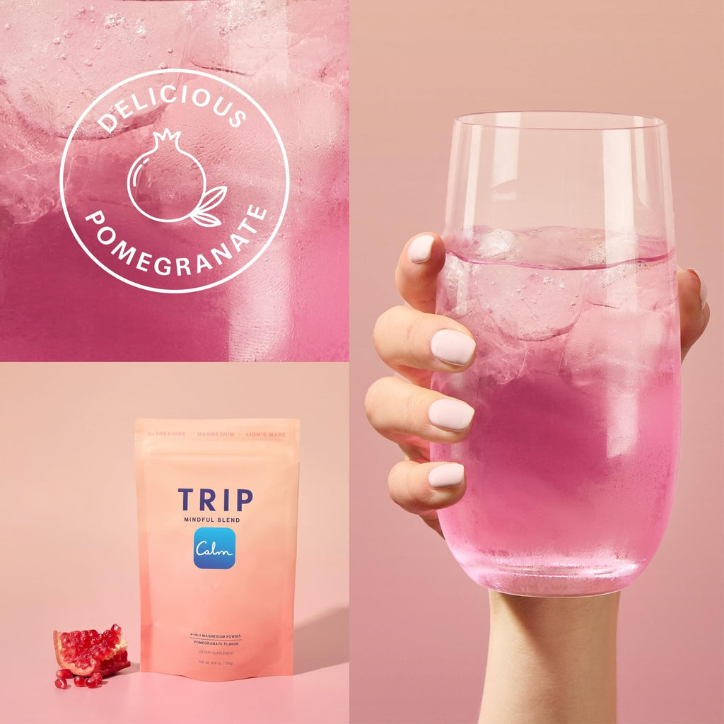 TRIP Magnesium Glycinate Powder with L-Theanine & Lion’s Mane, Sugar Free Magnesium Supplement for Adults, 250mg Magnesium per Drink Mix Serving, Pomegranate Orange Blossom, 1 Bag - 30 Servings - TrustMedUSA