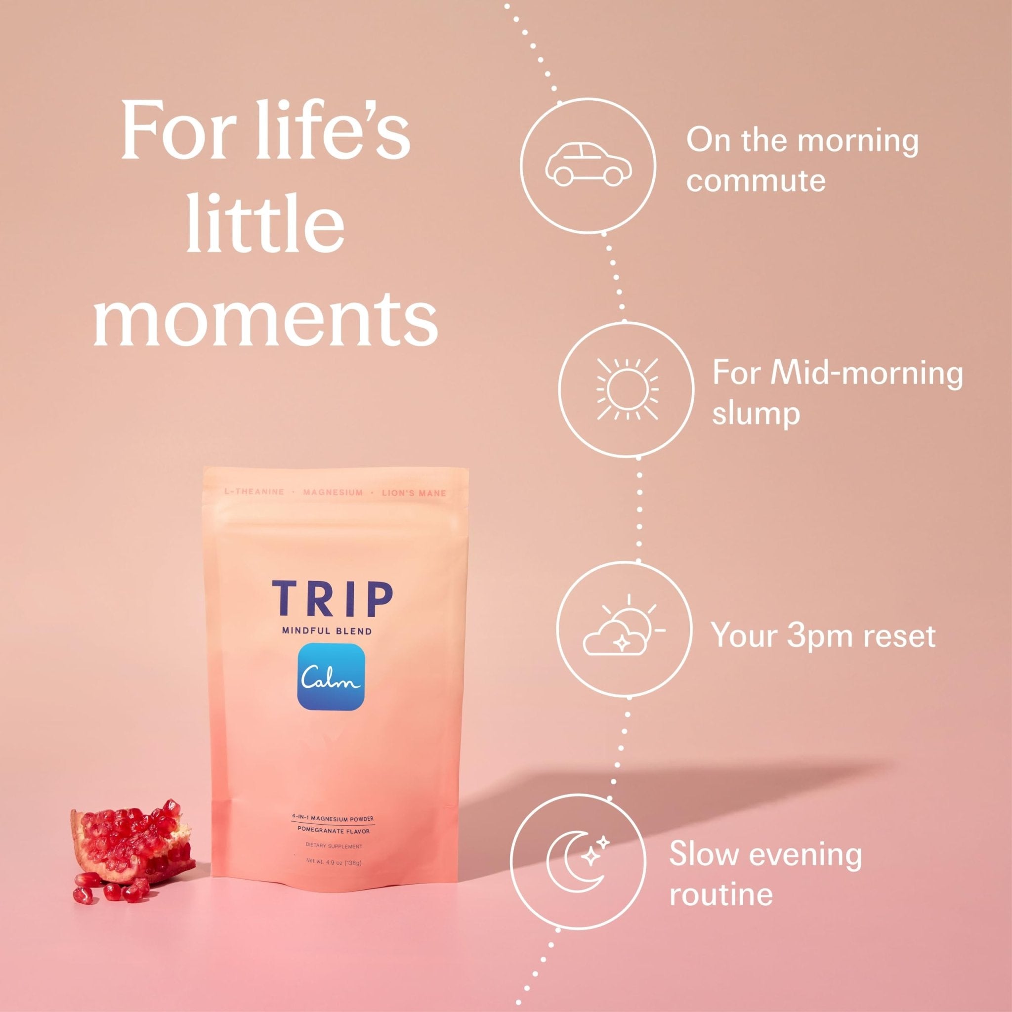 TRIP Magnesium Glycinate Powder with L-Theanine & Lion’s Mane, Sugar Free Magnesium Supplement for Adults, 250mg Magnesium per Drink Mix Serving, Pomegranate Orange Blossom, 1 Bag - 30 Servings - TrustMedUSA