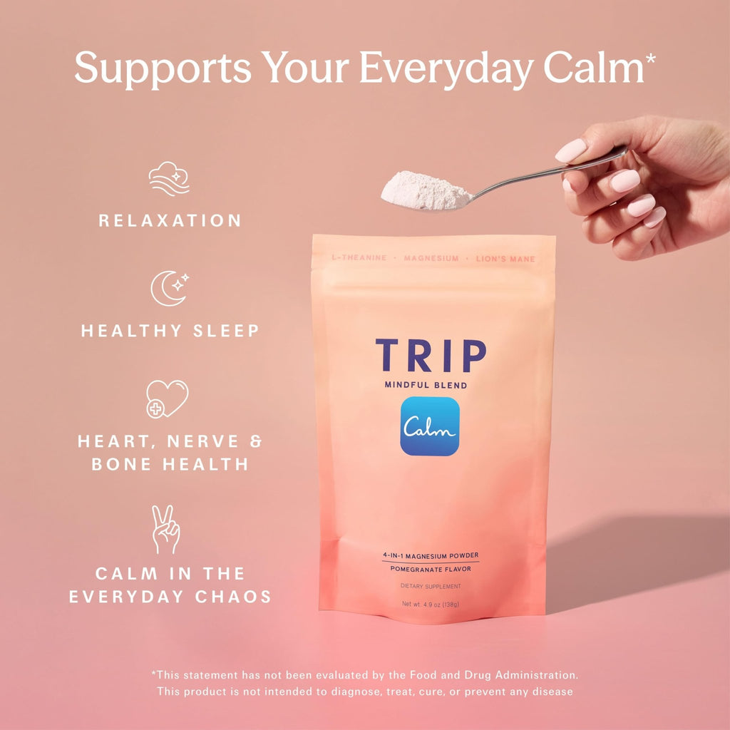 TRIP Magnesium Glycinate Powder with L-Theanine & Lion’s Mane, Sugar Free Magnesium Supplement for Adults, 250mg Magnesium per Drink Mix Serving, Pomegranate Orange Blossom, 1 Bag - 30 Servings - TrustMedUSA