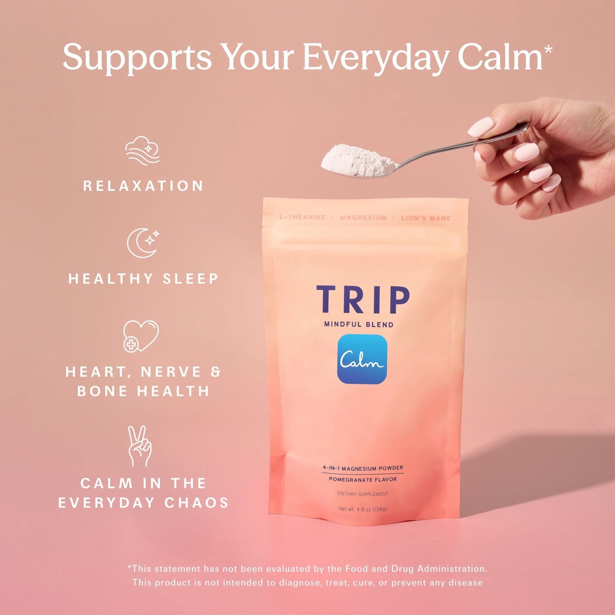 TRIP Magnesium Glycinate Powder with L-Theanine & Lion’s Mane, Sugar Free Magnesium Supplement for Adults, 250mg Magnesium per Drink Mix Serving, Pomegranate Orange Blossom, 1 Bag - 30 Servings - TrustMedUSA