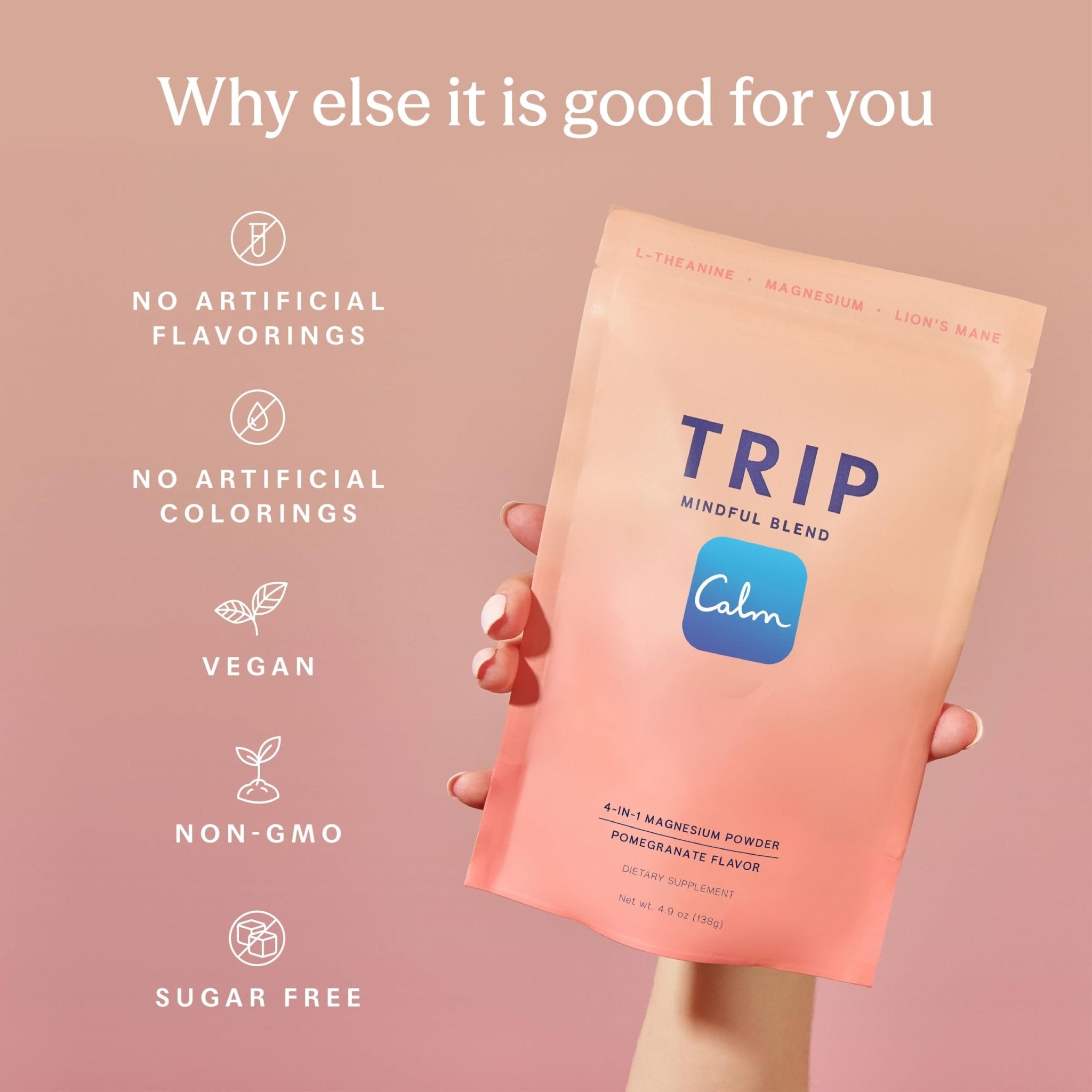TRIP Magnesium Glycinate Powder with L-Theanine & Lion’s Mane, Sugar Free Magnesium Supplement for Adults, 250mg Magnesium per Drink Mix Serving, Pomegranate Orange Blossom, 1 Bag - 30 Servings - TrustMedUSA